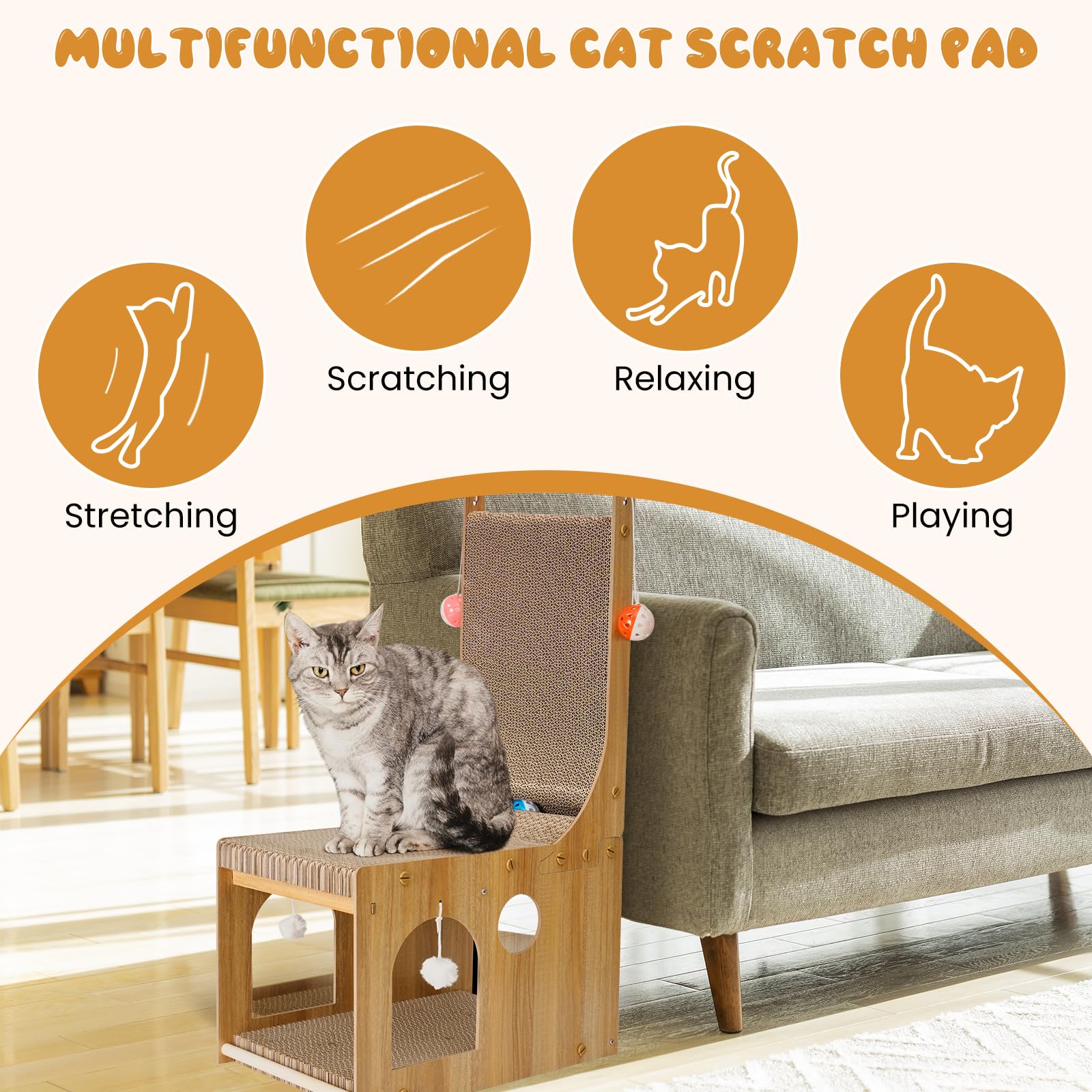 YEMOO Rascador para gatos, tabla rascadora de doble capa en L, rascador vertical en forma de L para protección de pared y sofá, rascador de cartón para gatos con 2 juguetes de bola para gatos de