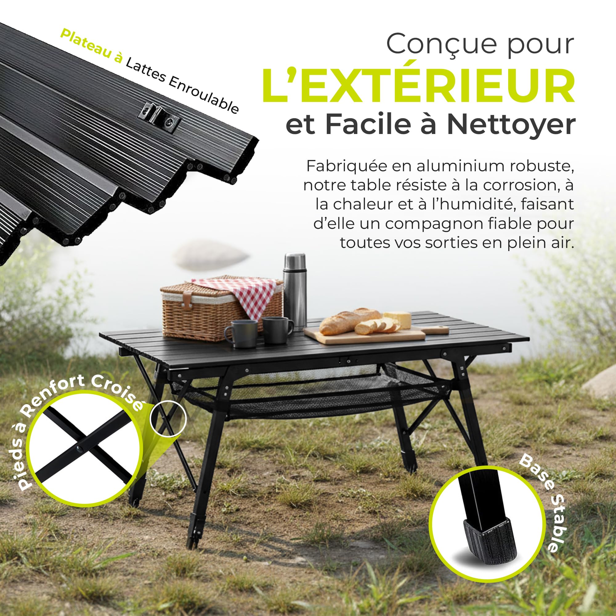 Table de Camping Table Multifonctions Pliante Table Polyvalente ; Table Pliante réglable en Hauteur avec Plateau de Table Enroulable (90x51cm) & Sac de Transport ; supporte jusqu'à 30kg