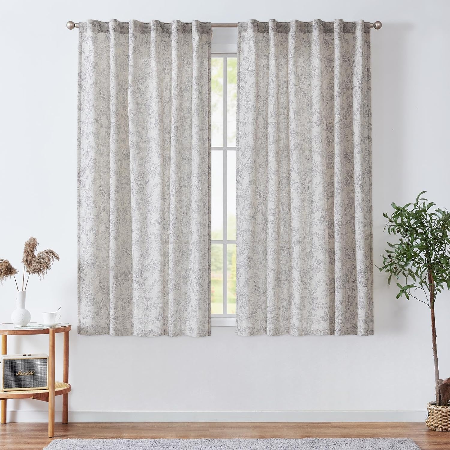 TOPICK Set di 2 tende floreali effetto lino, 210 x 140 cm (altezza x larghezza), grigio beige | Tende traslucide per soggiorno, stile rustico, oscuranti, con tunnel e passanti nascosti