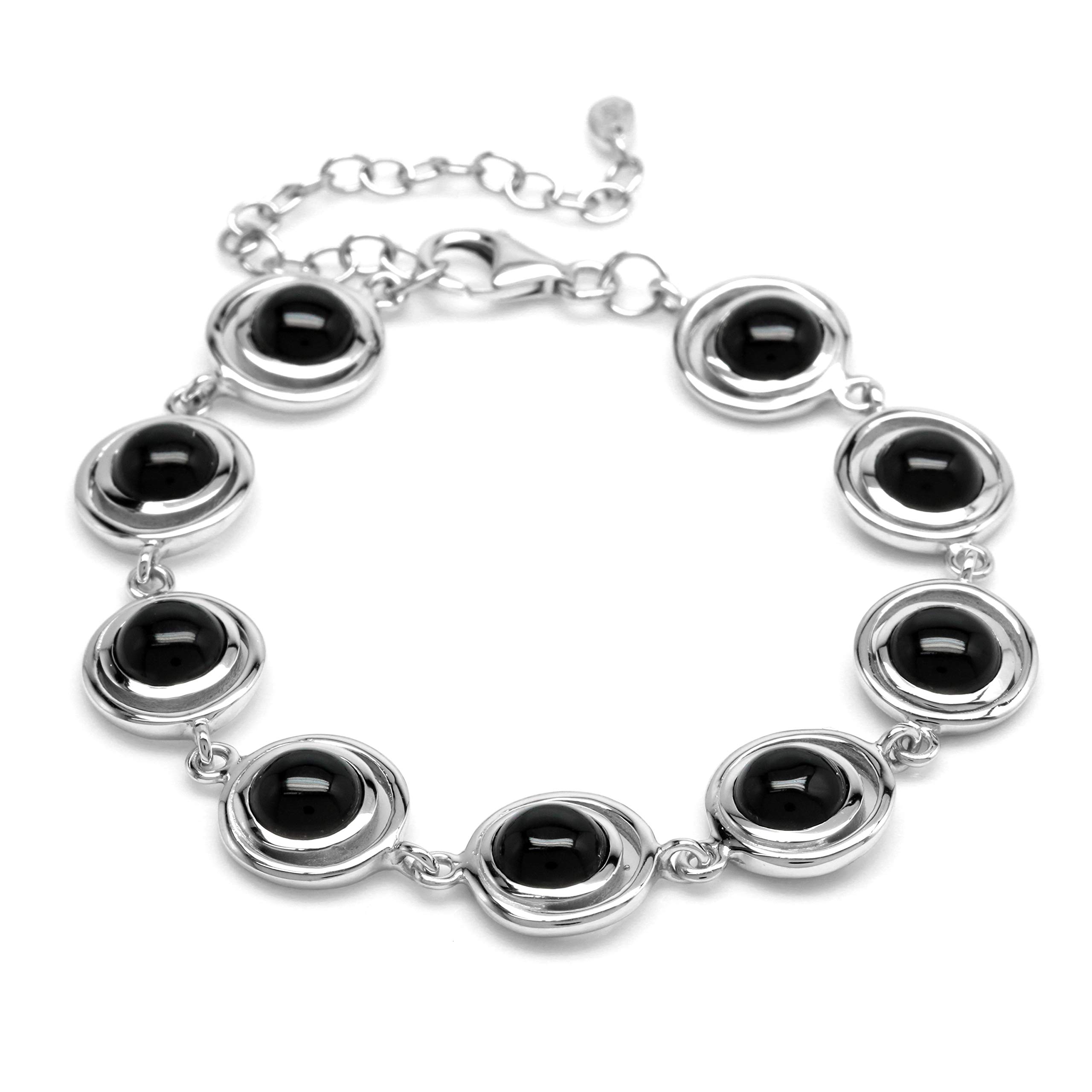 Silvershake Braccialetto in argento Sterling 925 con pietra di onice nera naturale e geometrica futuristica anni '60, estensione da 15,2 a 20,3 cm