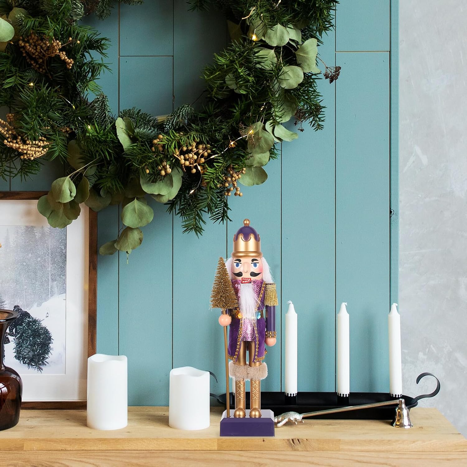 Purple Christmas Nutcracker Figurine Small Nutcracker Soldier Sculpture Plastic Traditional Holiday Table Decoration for Fireplace Mantel and Home Display