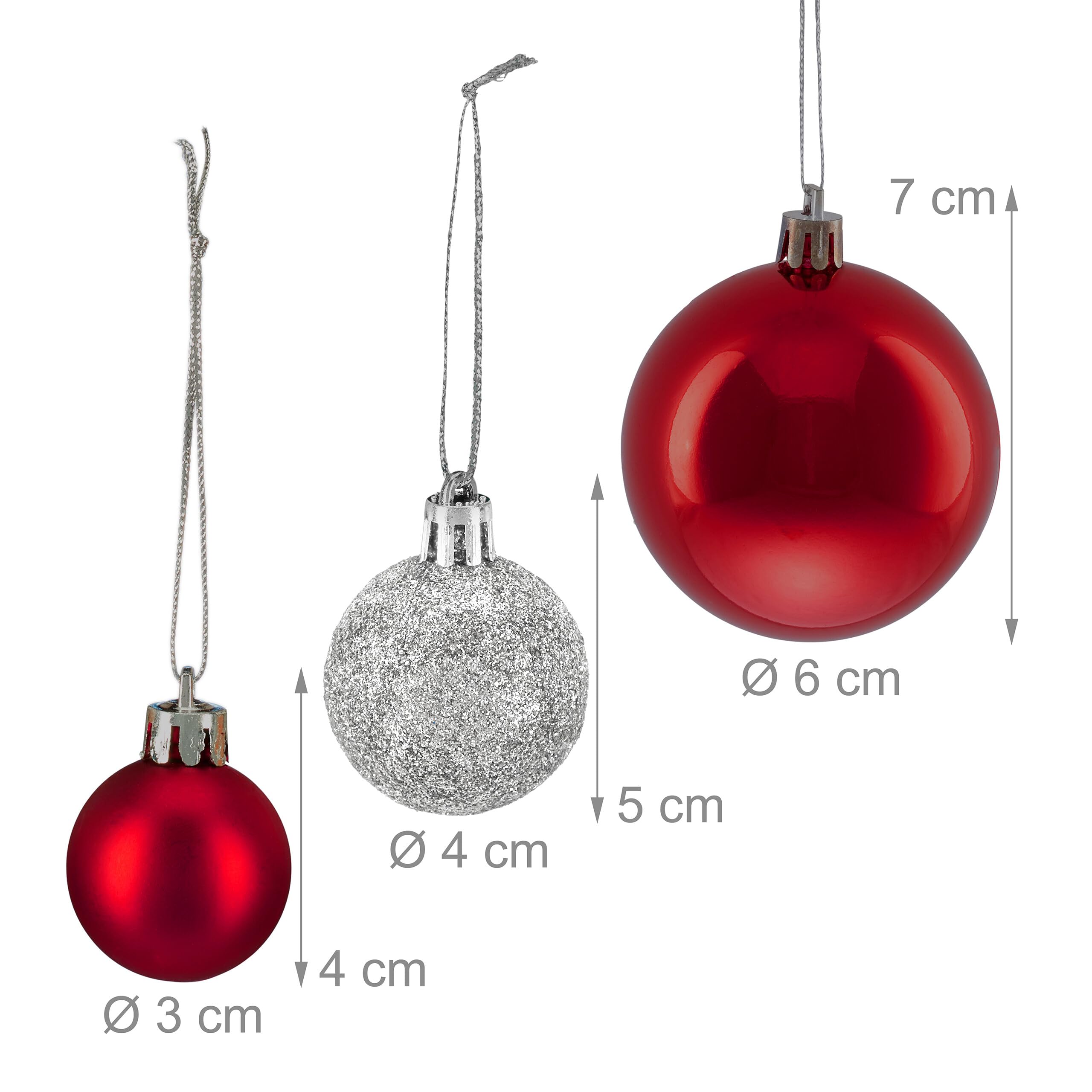 Relaxdays 100 Boules de Noël, Mates, Brillantes & pailletées, pour décorer Le Sapin comme il se Doit, argentées & Rouges