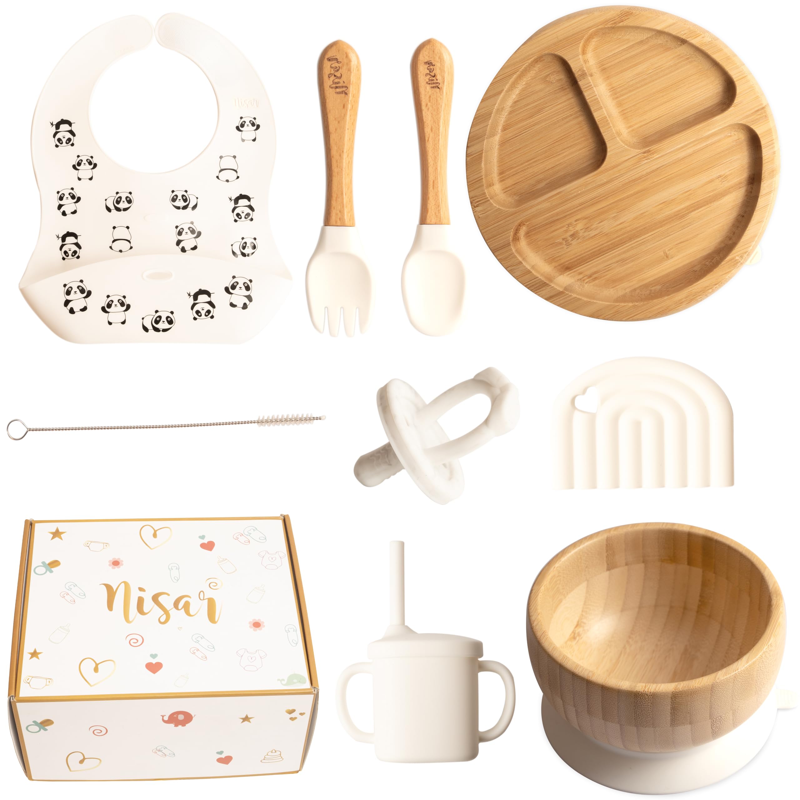 Set Repas Bébé Bambou & Silicone - Bavoir, Couverts, Bol Ventouse, Sucette - Sans BPA - Cadeau Naissance (Bleu)