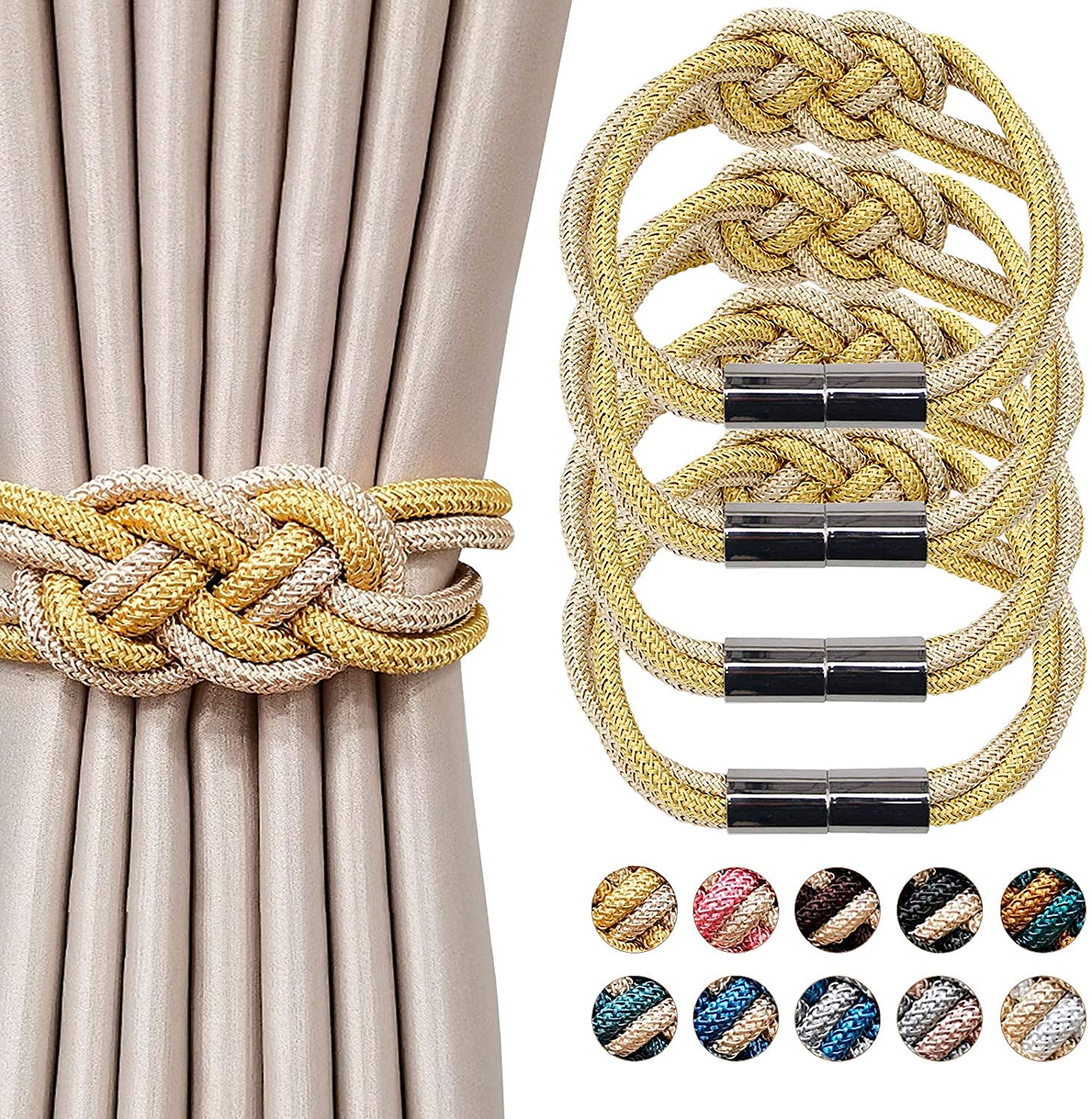 2 stuks sterke magnetische gordijn tiebacks, dubbele kleur geweven touw knoop tie backs handige decoratieve gordijn holdback (kleur: roze beige) (blauw beige