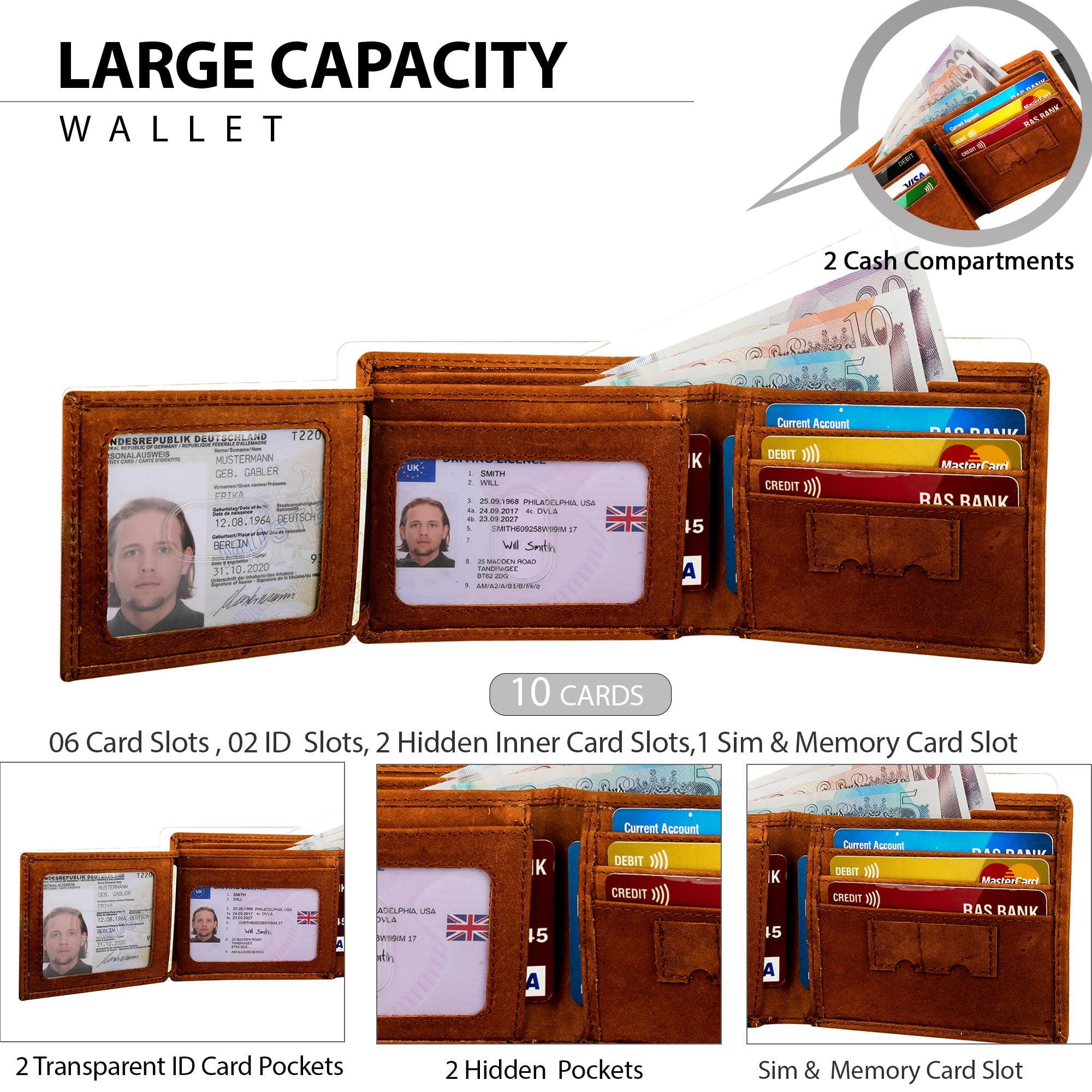 STARHIDE Men's RFID Blocking Genuine Distressed Hunter Leather Trifold Wallet Purse Credit Card Holder #1145 (Brown)