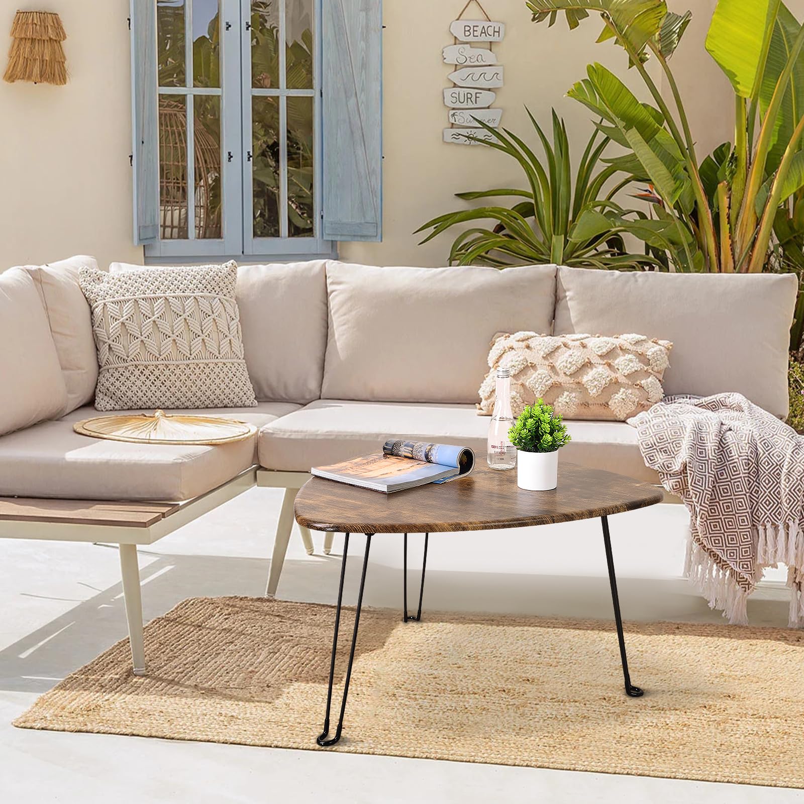 Mesa De Centro Plegable Patrón Triangular, Mesa Decorativa Ovalada De Madera De Medios De Siglo Con Patas De Metal, Tamaño 72D X 72 W X 42,5 H Centímetros