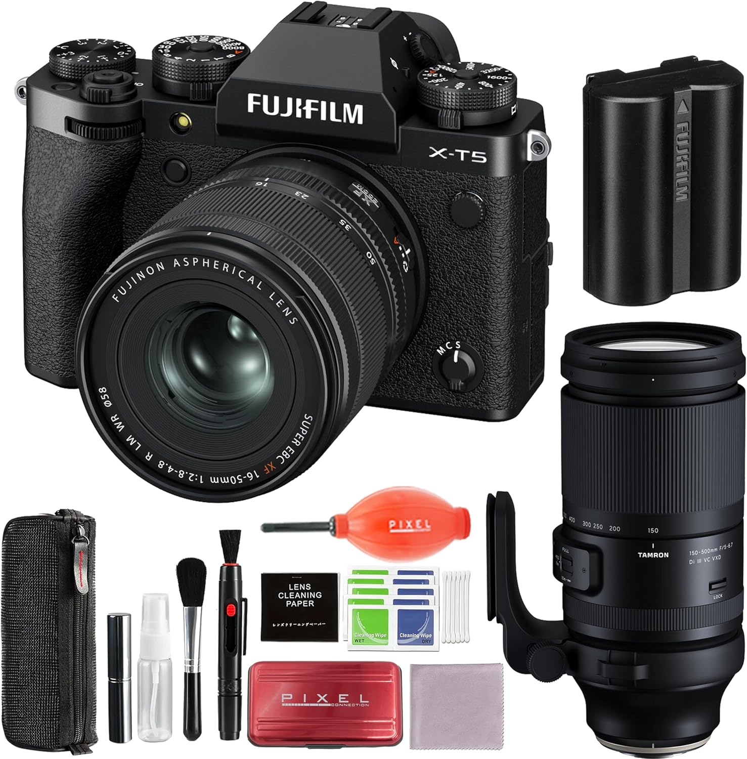 Fujifilm X-T5 Mirrorless Camera with XF 16-50mm f/2.8-4.8 Lens Black and Tamron 150-500mm f/5-6.7 Di III VXD Lens for Fujifilm X Bundle with Advanced Accessories