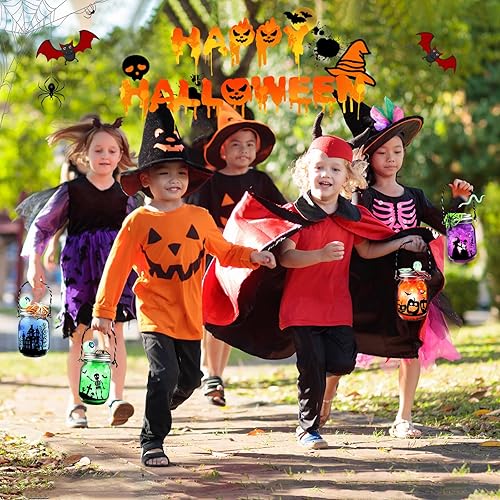 Miniatura 4 de Kit de manualidades de Halloween para niños, 4 tarros de cristal con accesorios para tarro de farol de bricolaje, suministros de fiesta de arte y