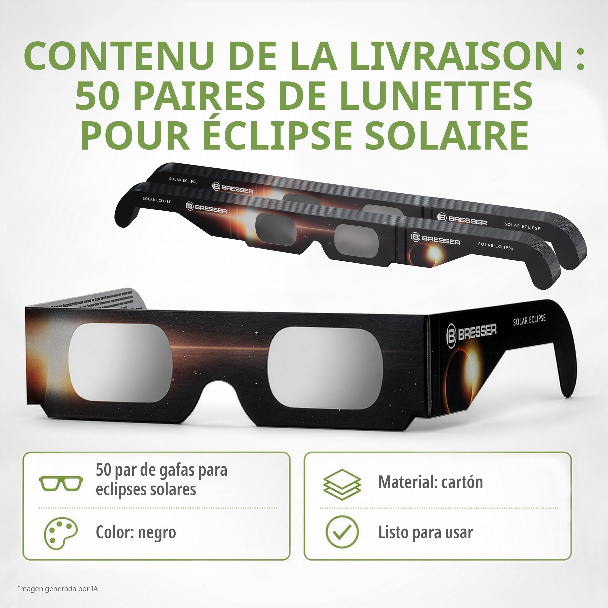 Bresser Gafas Eclipse Solar homologadas CE ISO 12312-2 pack 50 Diseño B | Absolutamente seguras, listas para los eclipses solares 2026, 2027, 2028, lámina astrosolar, imagen solar amarilla natural