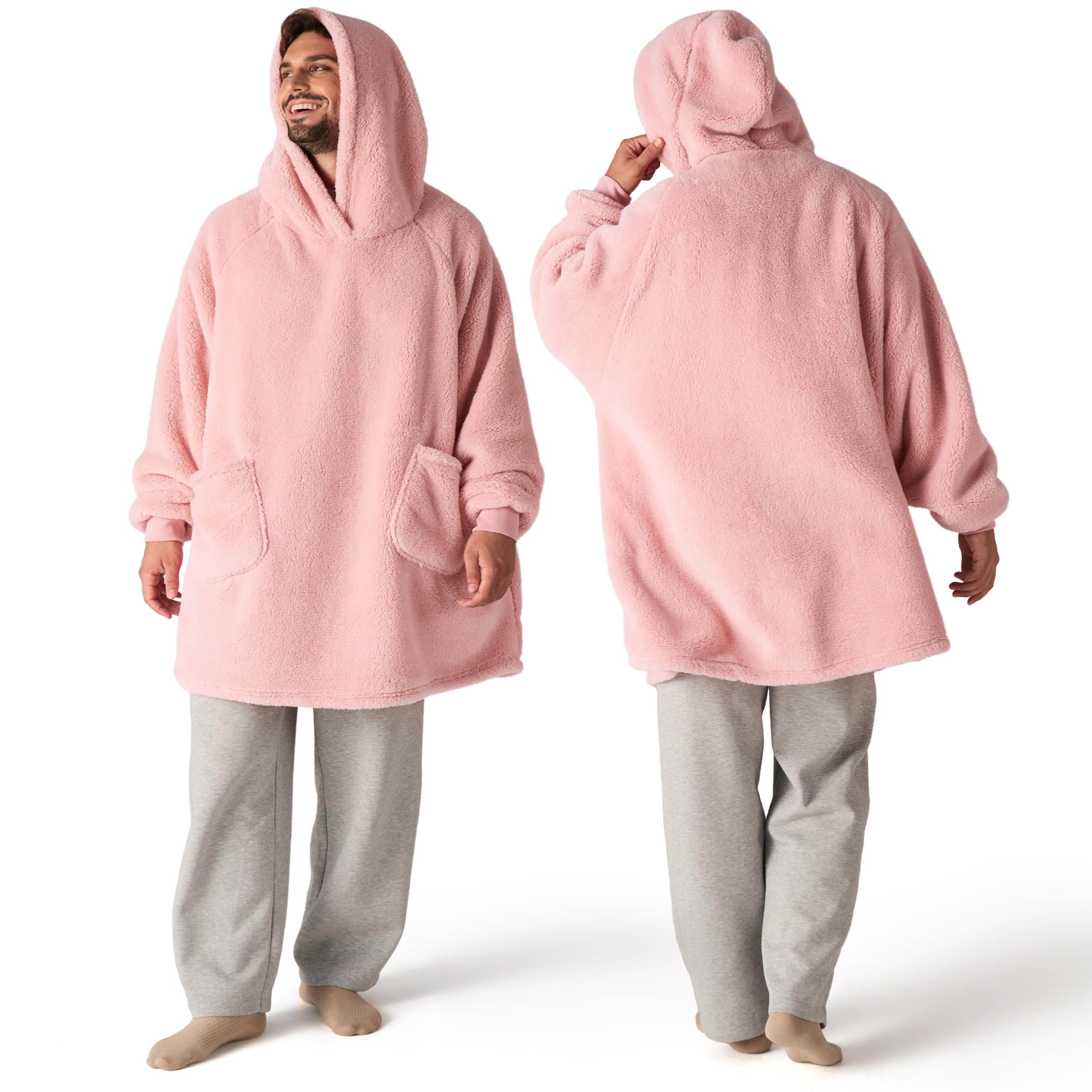 Bedsure Pink Wearable Blanket Hoodie Plus Size, Birthday Gifts for Wife, Mom, Women - Cozy Sherpa Hoodie Blanket for Adult, Warm Hooded Blanket Oversized Sweatshirt, Plush, White Elephant Gift Ideas