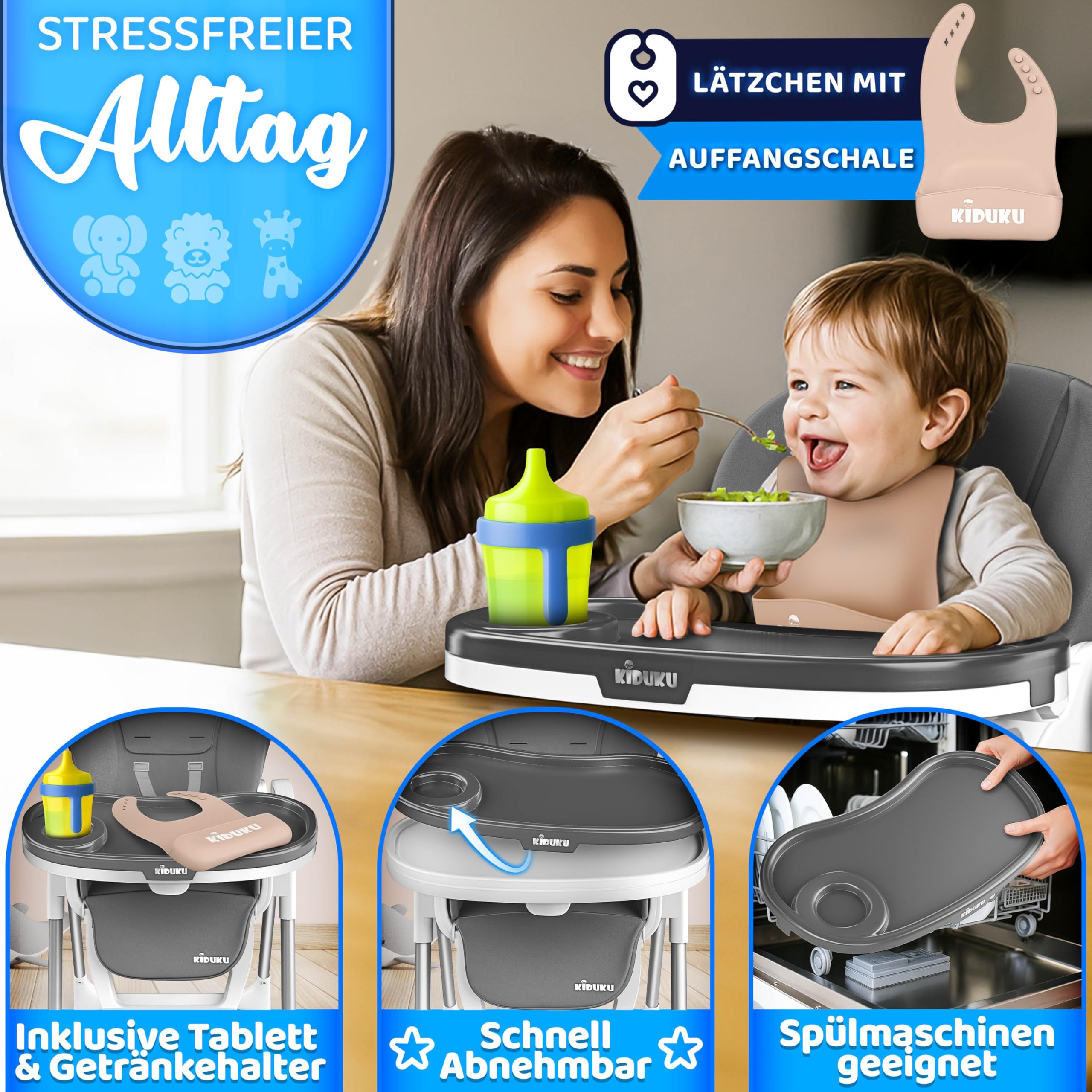 KIDUKU® Hochstuhl Baby 3in1 mit Neugeborenenaufsatz + Lätzchen, Aktivitätsbogen & Tisch | Kinderhochstuhl klappbar mit Liegefunktion | Kombihochstuhl höhenverstellbar | mitwachsend 0-36 Monate
