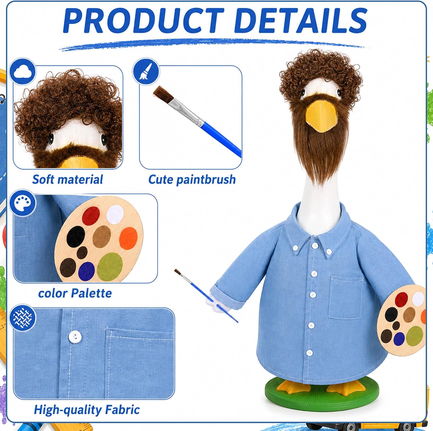 Bolsome Painter Artist Porch Goose Outfit Complete Costume Kit with Curly Hair Beard, Denim Shirt, Felt Art Palette & Brush, Fits 23 Inch Lawn Goose Statue for Garden Yard Patio Lawn Decoration image 2