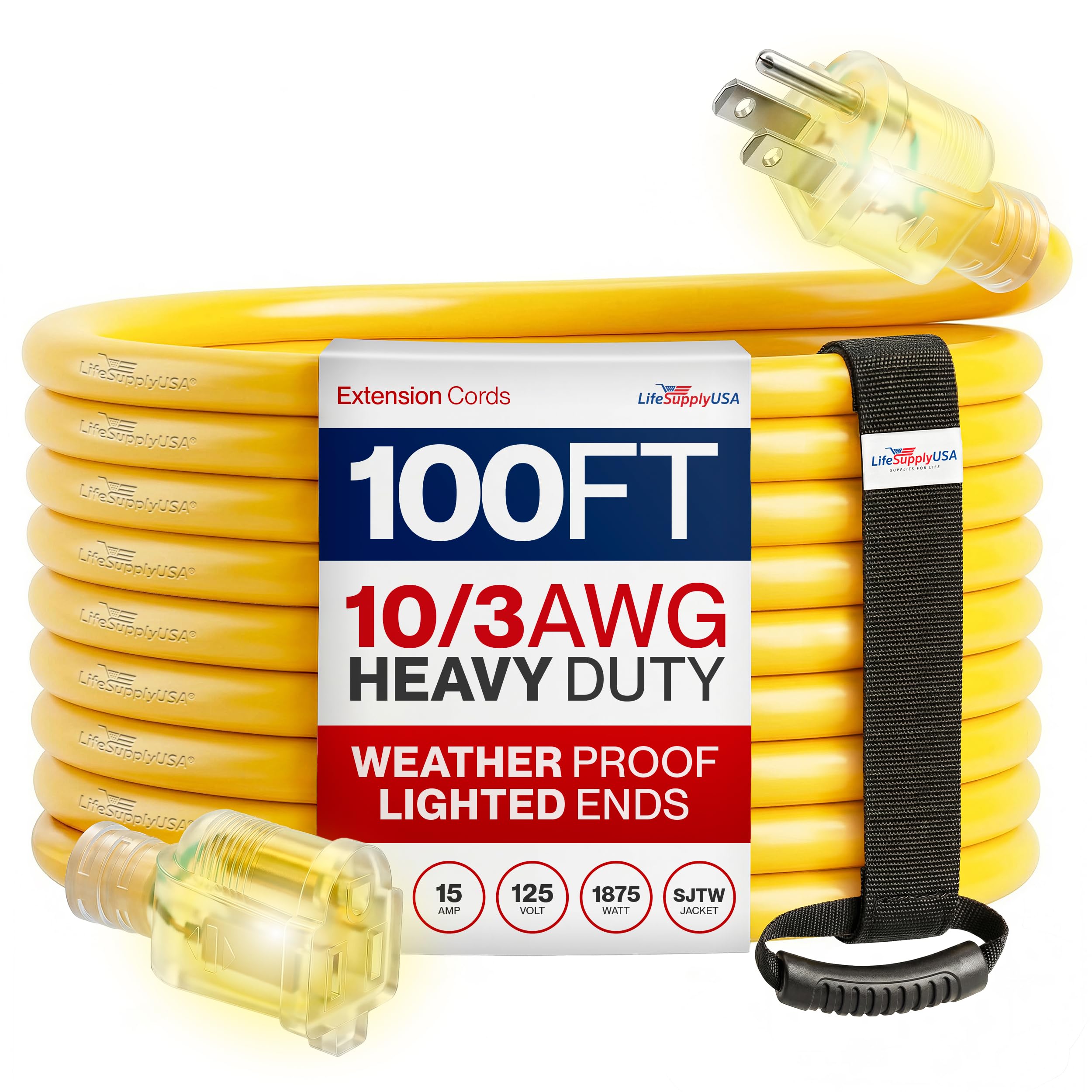100ft Outdoor/Indoor Extension Cord 10/3 Gauge Ultra Heavy Duty 3 Prong SJTW, Waterproof, Flexible Cold-Resistant Long Power Cord,15A 125V 1875W,