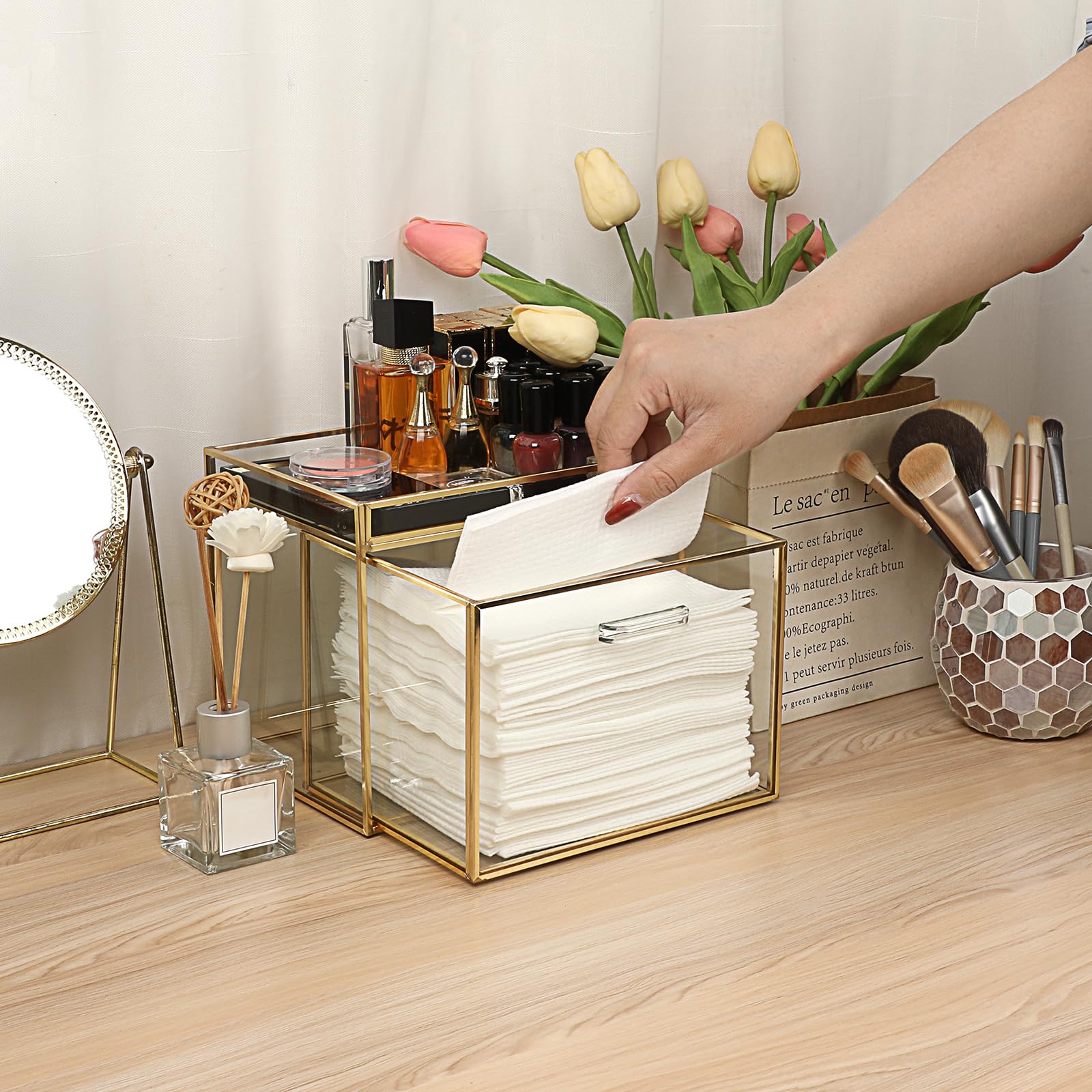 Sumnacon Glass Disposable Face Towel Holder - With Drawer, Gold Frame, For Bathroom Vanity Countertop - View #7