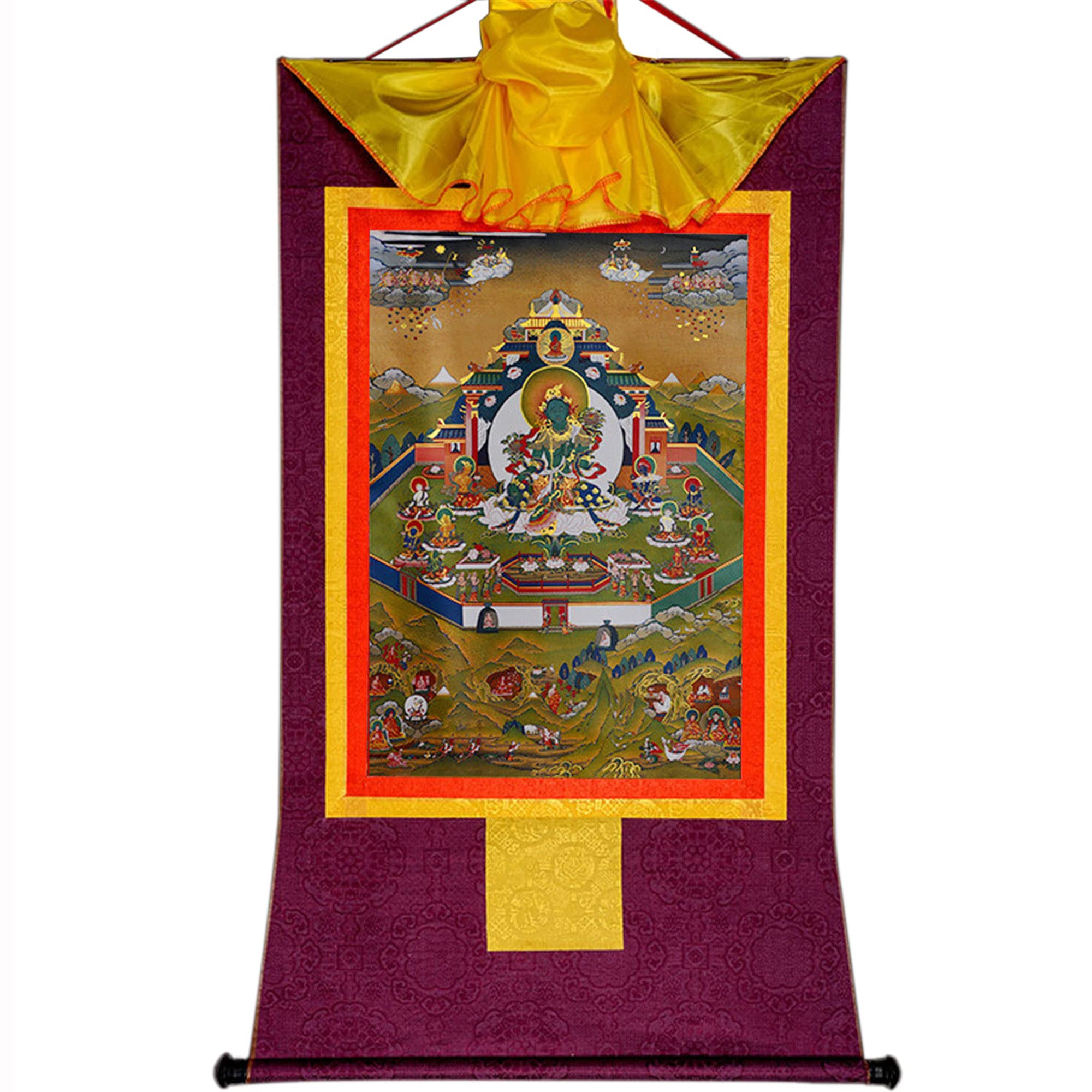 Gandhanra Tibetan Buddhist Thangka Wall Hanging,Shyama Tara,Green Tara Mandala Thangka,Hot Stamped Brocade Buddhist Tapestry for Zen Home Decor, Meditation, Spiritual Relaxation