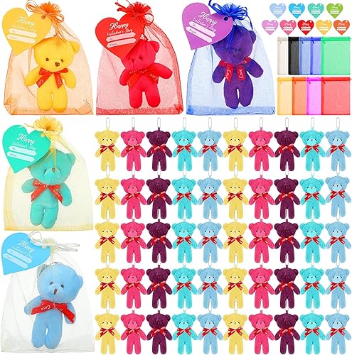 PullCrease 50 juegos de llaveros de oso de peluche pequeños a granel con tarjetas de corazón y bolsa de organza con cordón para niños, regalos de