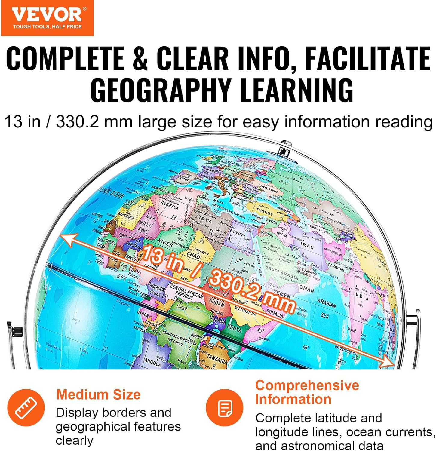 Educational Blue and Silver LED World Globe with Metal Stand