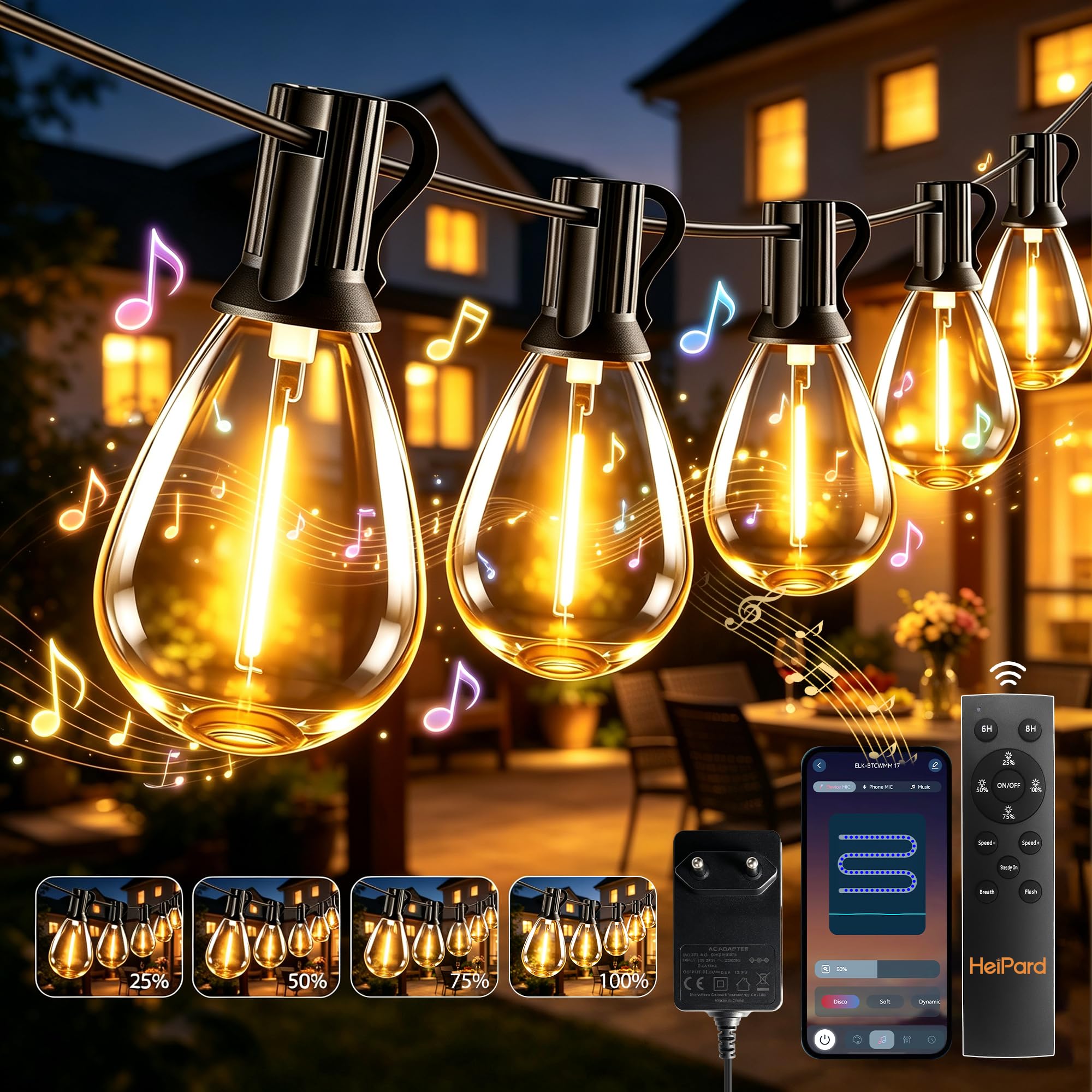 HeiPard Guirlande Lumineuse Extérieure S14 LED 10 m 15+1 Ampoules, Lampe Exterieur 24 V IP44 Étanche, Télécommande & App Mobile Dimmable Minuterie, Jardin Terrasse Guinguette