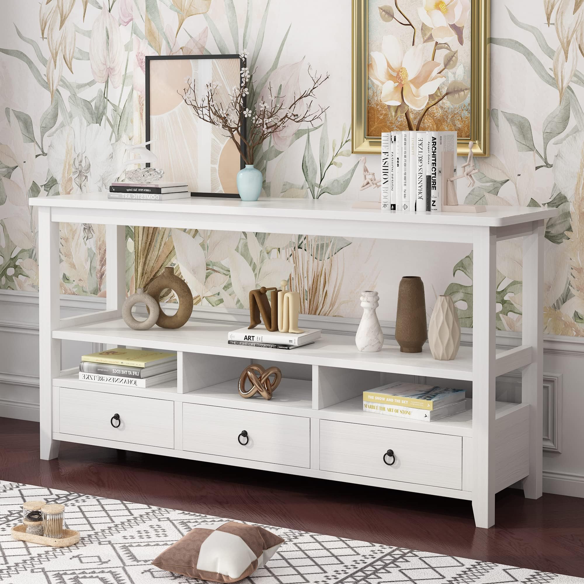 VINGLI 58" Console Table, Long Entryway Table with 3 Drawers & 2 Storage Shelves, Vintage Sofa Table Behind Couch, TV Stands for Living Room, Entryway, Hallway, Foyer, Office, White