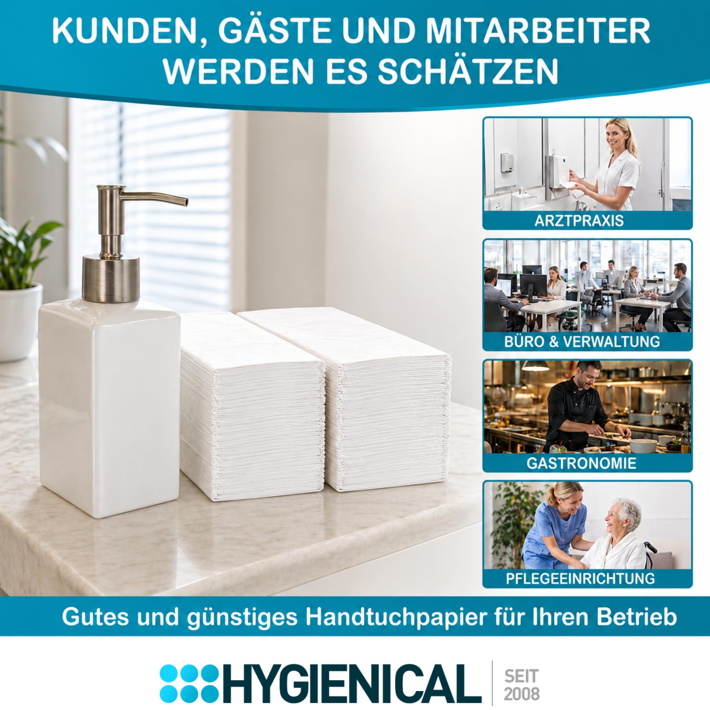 Premium-Papierhandtücher, 2-lagig, Zellstoff, 25 x 21 cm, 3.200 Blatt – Falthandtücher, Top-Handtuchpapier, Hygienischer Betriebsbedarf, Weiß, Für Büro, Gastronomie & Haushalt