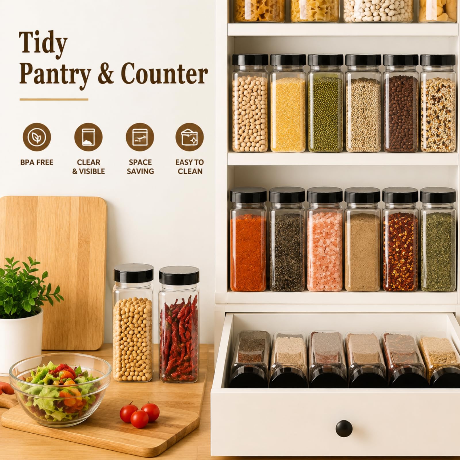 Hacaroa 16 Stück 600 ml Kunststoff Gewürzdosen mit Shaker/Pourer Deckel, quadratische leere Gewürzbehälter klare Gewürzflaschen für trockene Lebensmittel, Gewürze, Kräuter, Pulver