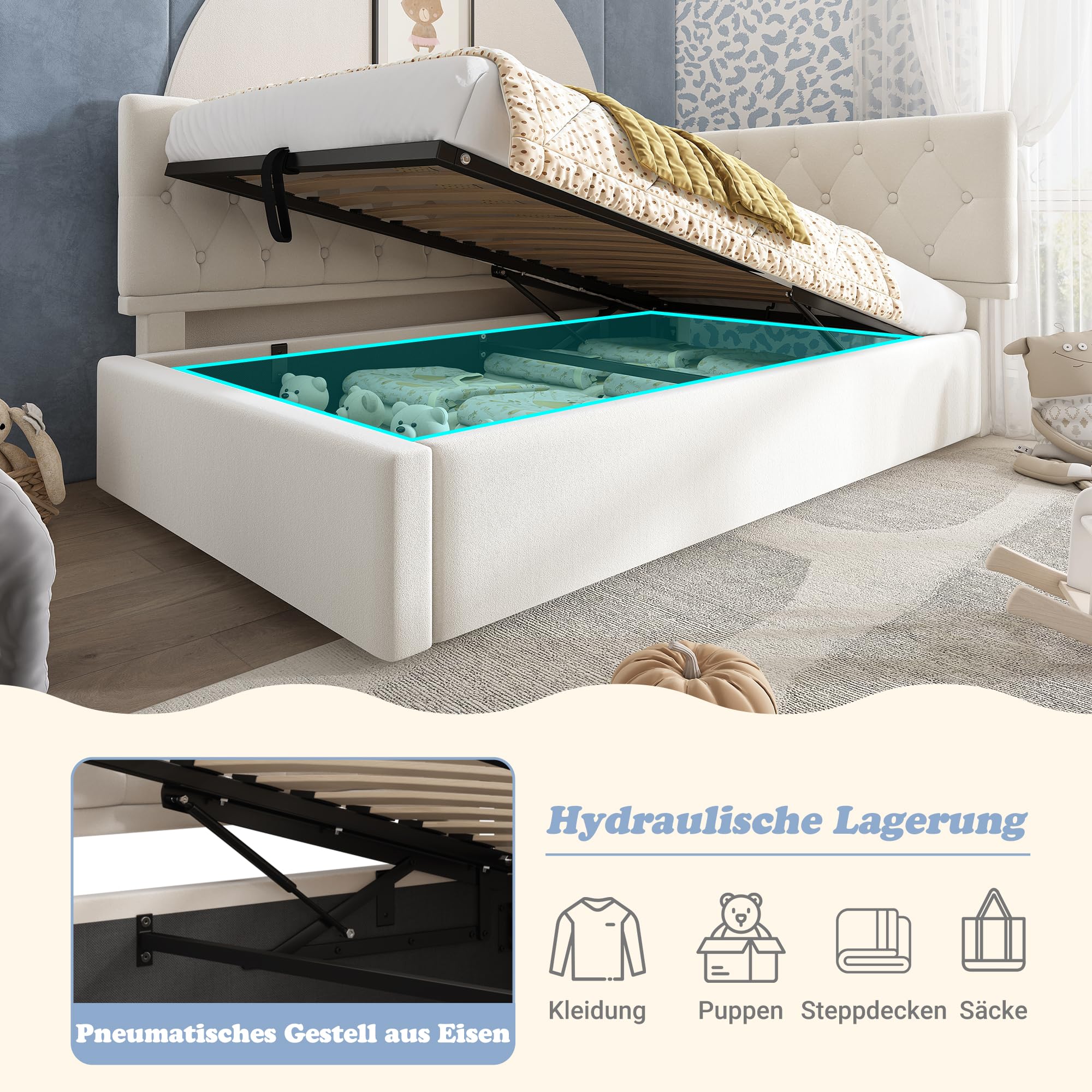 Dolamaní Gestoffeerd bed 90 x 200 (190) cm met bedlade, functioneel bed, jeugdbed, dagbed, uittrekbare slaapbank, logeerbed (enkel, beige