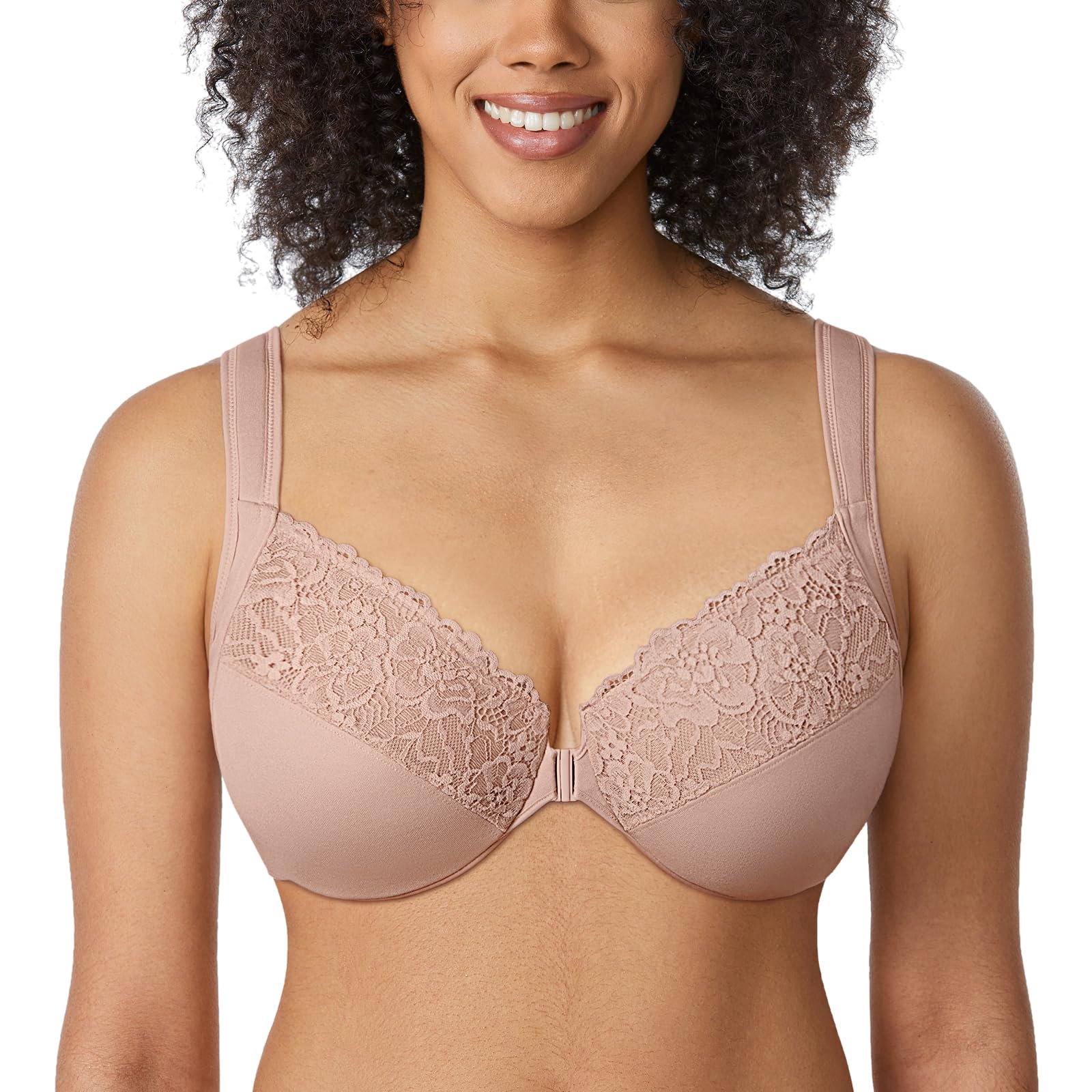 DELIMIRA Women's Front Closure Bras Plus Size Full Coverage Underwire Unlined Supportive Lace Bra