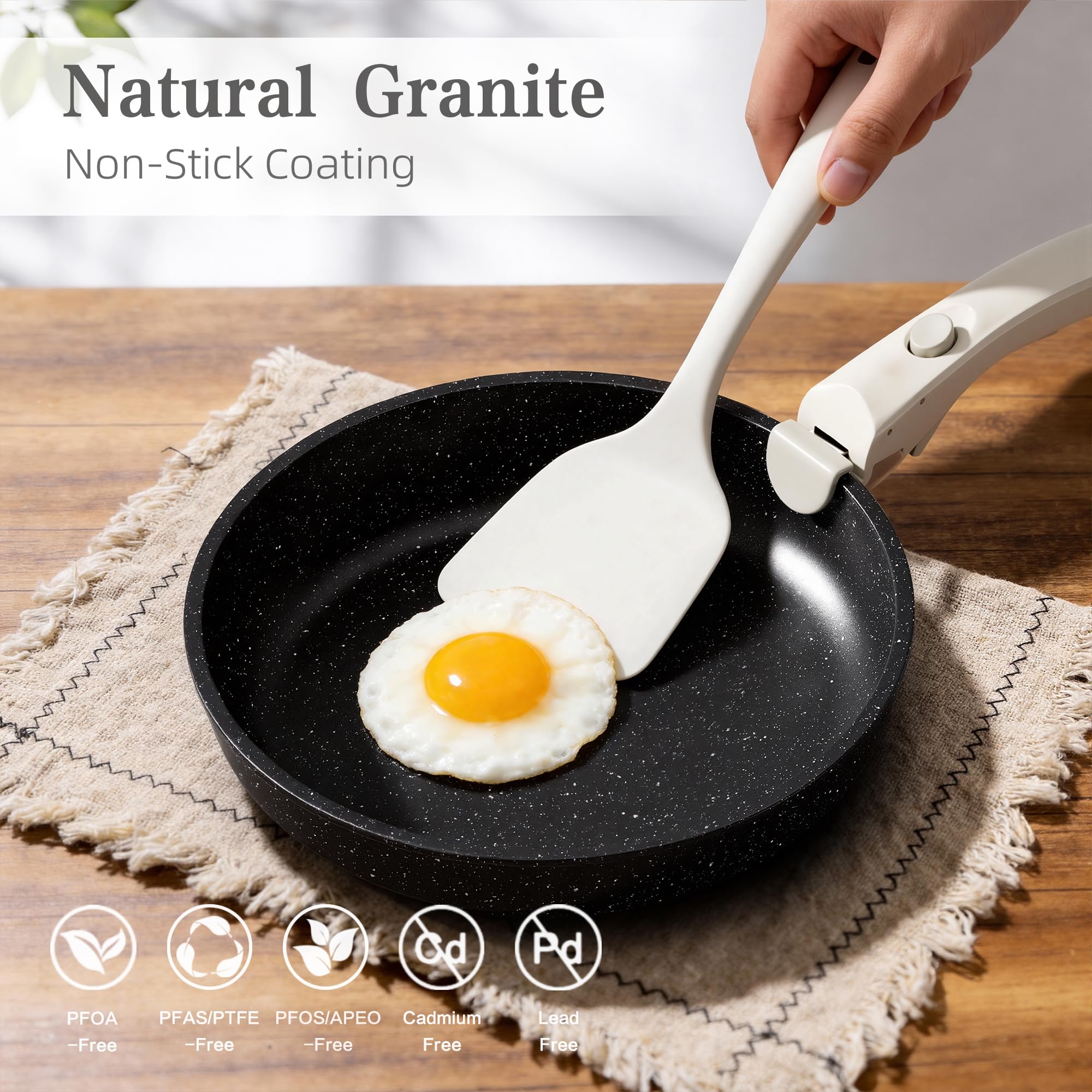 RIOVARM Induzione Set di pentole e padelle con manici staccabili, Antiaderente Padelle grill, Impilabile Casseruole con coperchi, Padella per omelette Senza PFOA, per tutti i tipi di fornelli