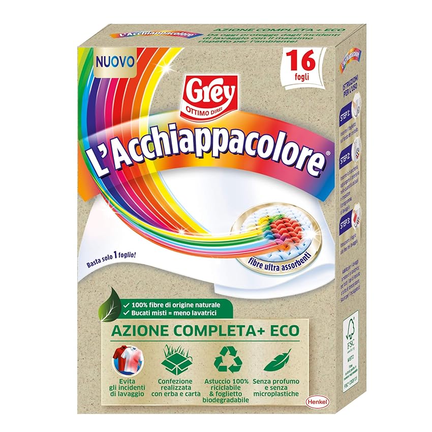 Immagine del prodotto Grey L'Acchiappacolore Azione Completa+ ECO, Fogli Cattura Colore Lavatrice Evita Incidenti Lavaggio, Foglietti Acchiappacolore e Anti-Sporco, Confezione, 16 Fogli