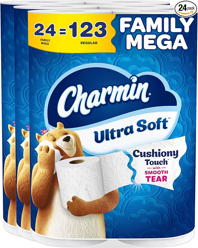 Charmin Ultra Soft Cushiony Touch Toilet Paper, 24 Family Mega Rolls = 123 Regular Rolls (Packaging May Vary)