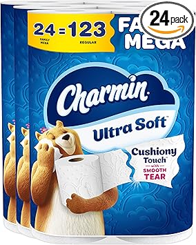 Charmin Ultra Soft Cushiony Touch Toilet Paper, 24 Family Mega Rolls = 123 Regular Rolls (Packaging May Vary)