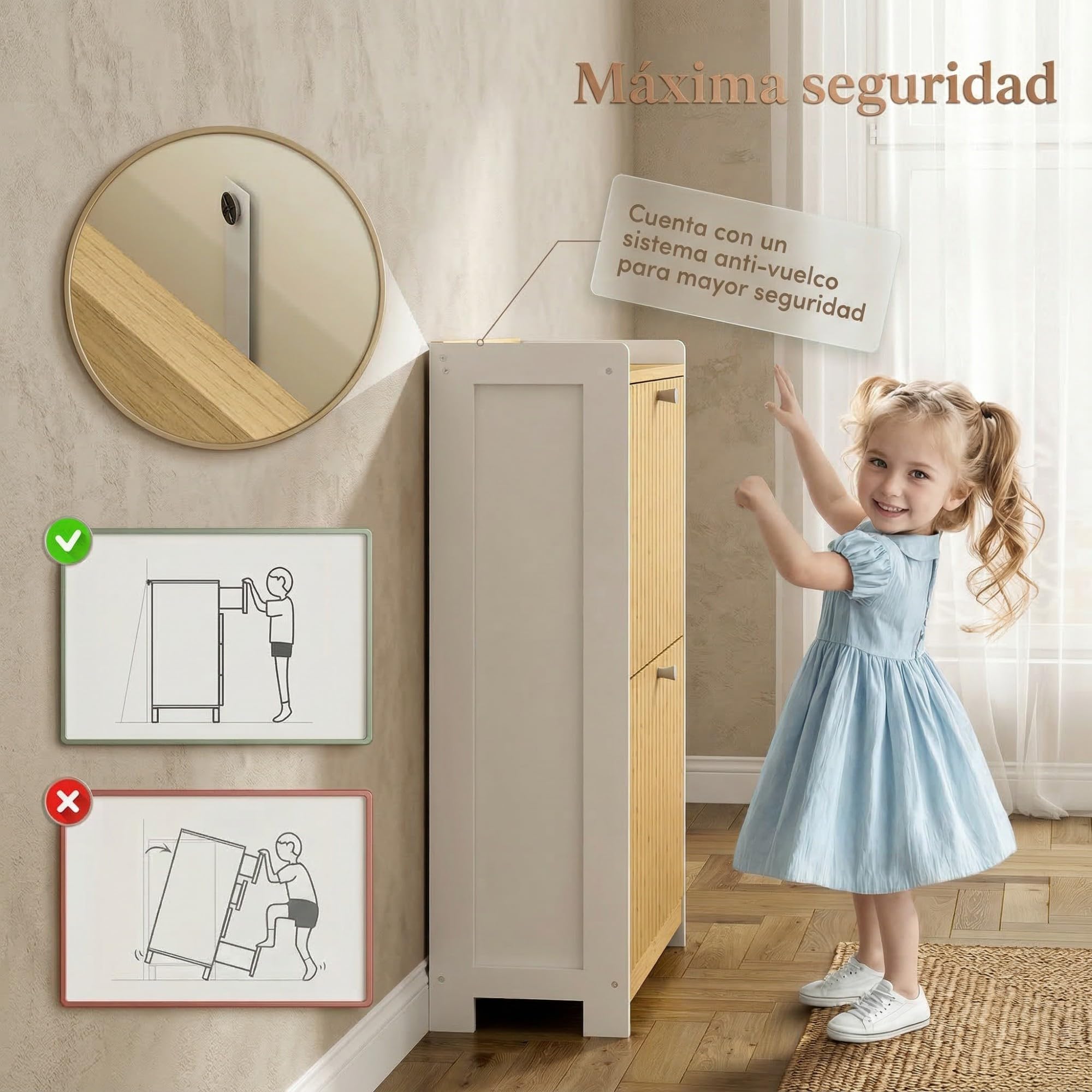 HOMCOM Zapatero Estrecho 2 Puertas de Bambú 60x24x82,5 cm Blanco y Natural | Listones, Zapatero Entrada Recibidor, Estantes Ajustables, 12 Pares de Zapatos