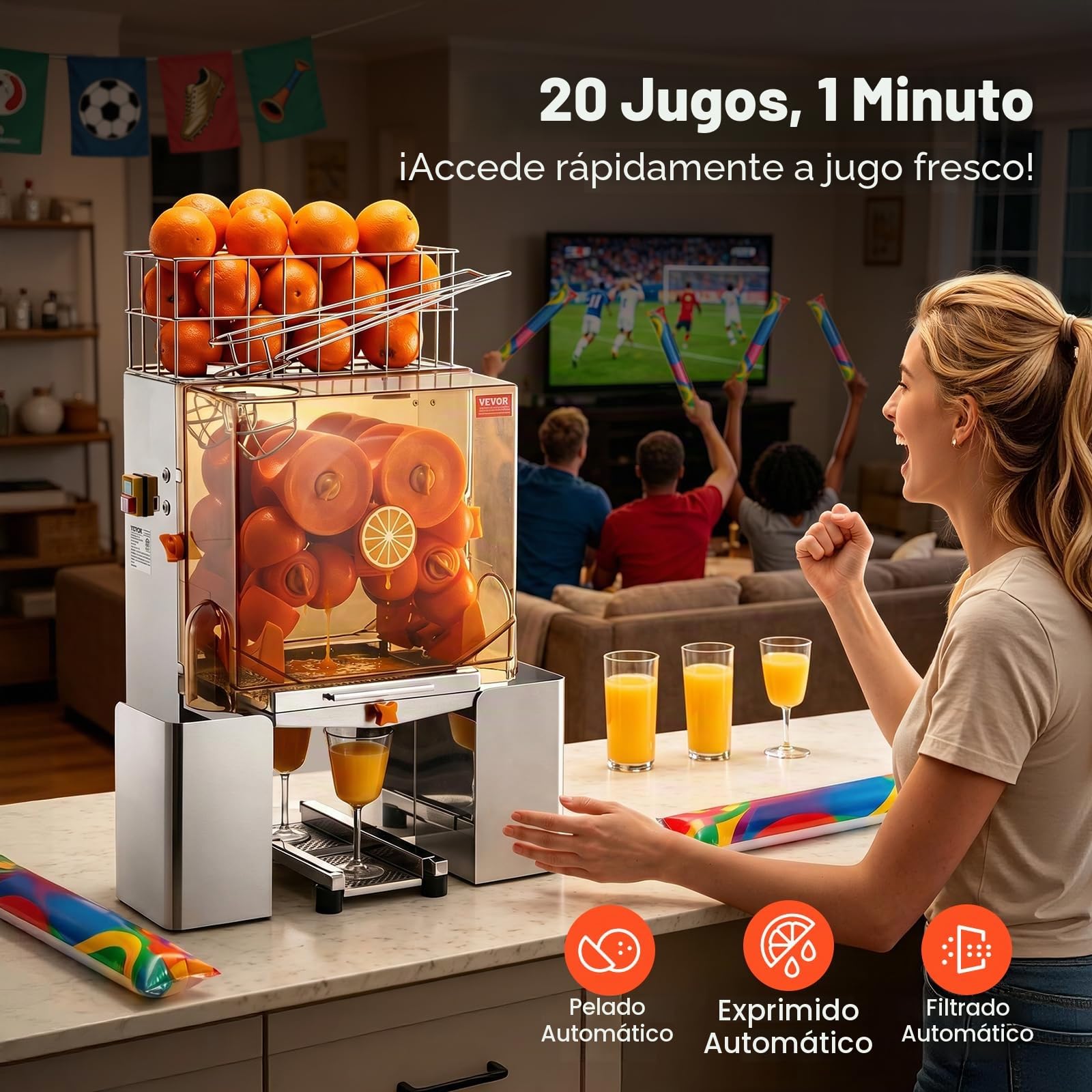 VEVOR Exprimidor de Cítricos Eléctrico Comercial Extractor de Zumo 120W Alimentación Automática con Filtro Extraíble Cubo Recolector de Cáscaras para Naranja, Pomelo, Restaurante, Cafetería, Frutería