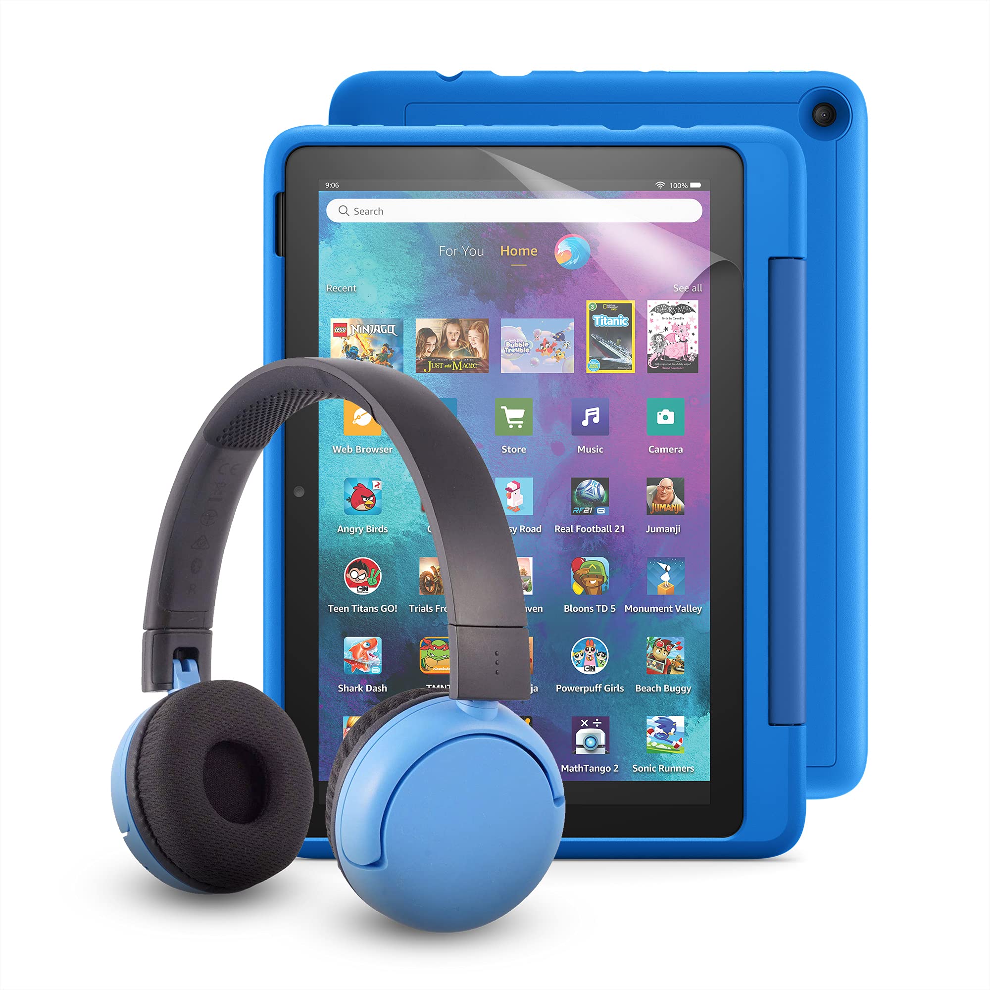 Fire HD 10 Kids Pro tablet (Sky Blue) + BuddyPhones Poptime Bluetooth Headset (Blue, Ages 8-15) + NuPro Screen Protector (2-Pack)