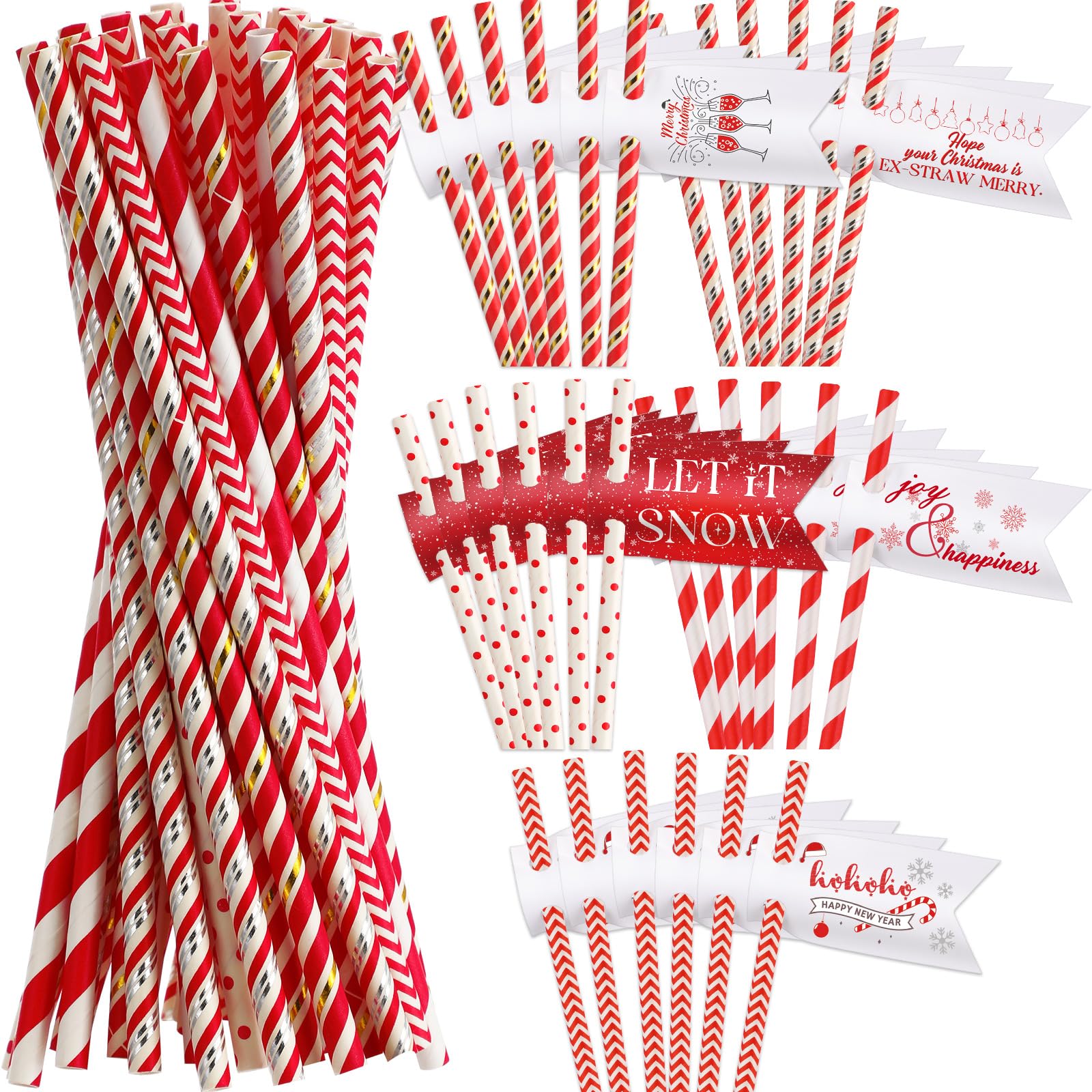Hushee 100 Pcs Christmas Straws Tags Set 50 Christmas Paper Straws 50 Xmas Drinking Tags for New Year Christmas Party Decorations DIY Holiday Drinking Housewarming Gift, 5 Style(Red, Vibrant Style)