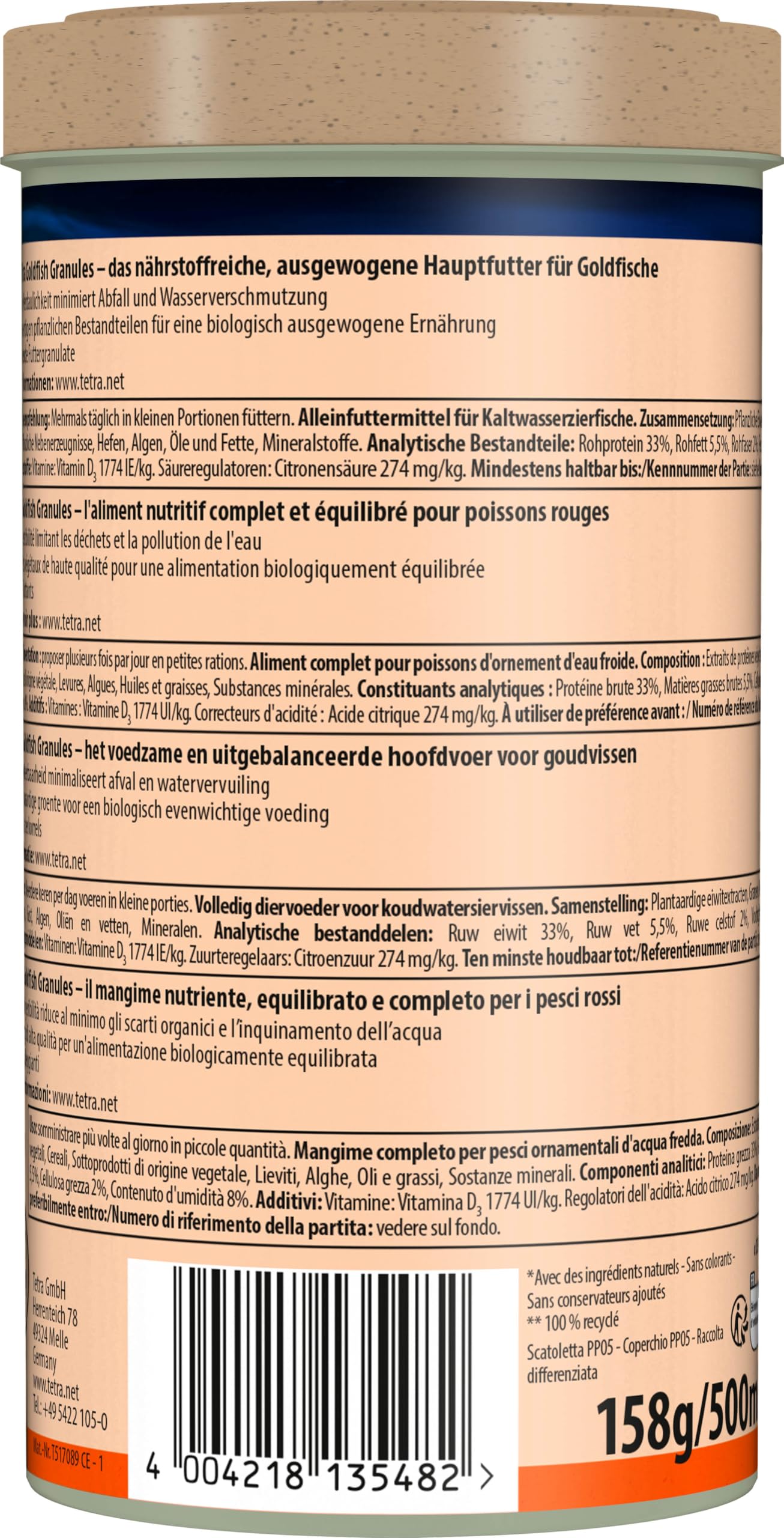 Tetra Goldfish Granules - Alimento granulado para carpines dorados y otros peces de agua fría, lata 500 ml