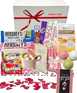 Pamper Set and Treats Gift Box Hamper With Bath Bombs, Cozy Bamboo Socks, gold collagen eye mask, Hot Chocolate, Hersheys chocolate, Skittles sweets, swizzle, Hamper Boxes Birthday , Valentine