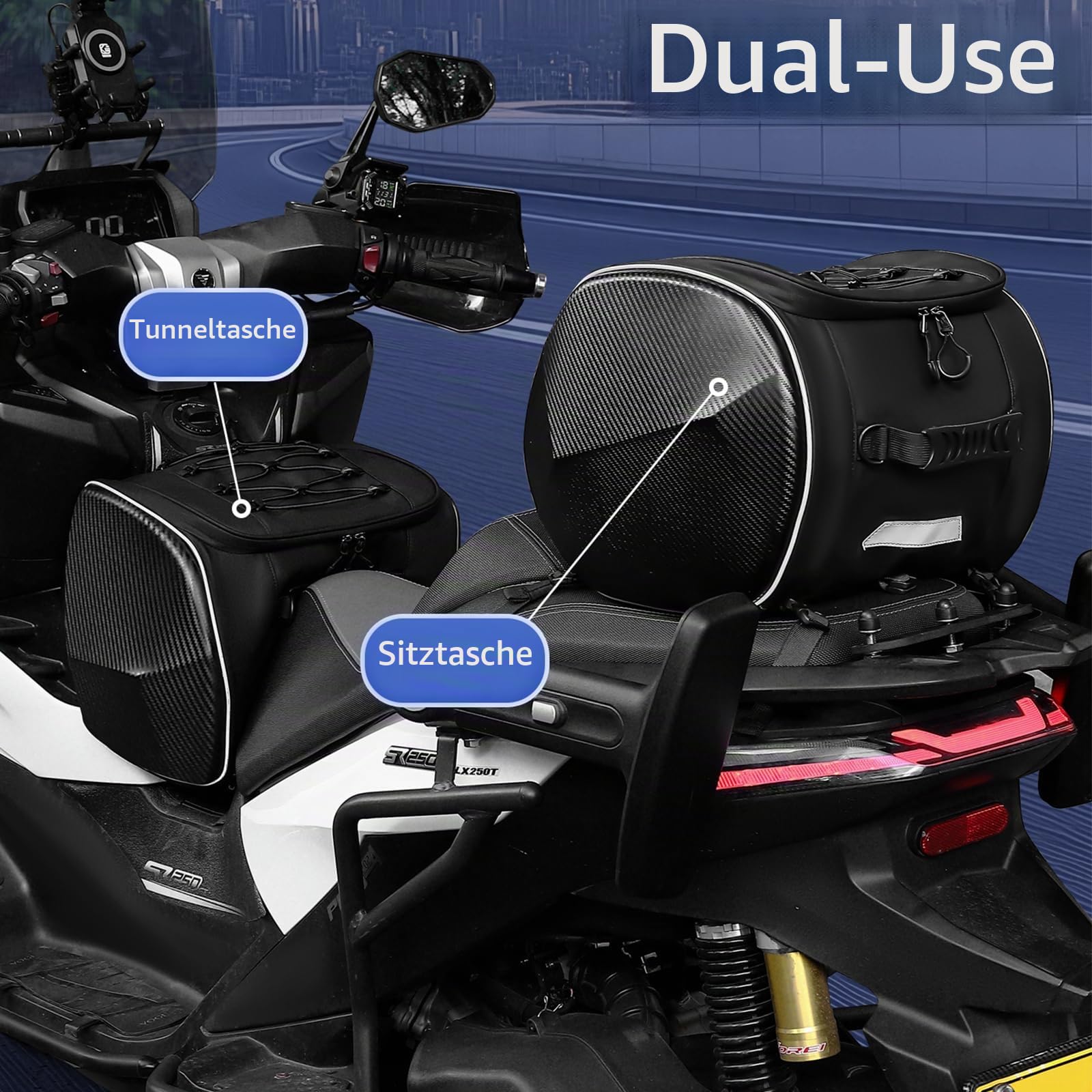 Tunneltasche für Scooter, Tunnel-Tasche für Roller, 20L Hartschalen Motorrad Tasche mit Mitteltunnel mit Regenhaube, Tunnelbag, Motorrad-Sitzbanktasche, Taschen für Unterrohr-Motorräder, Cub Bag