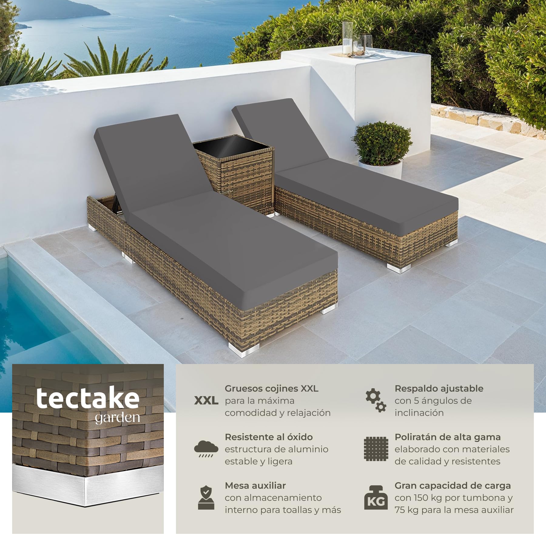tectake® Set 2 Tumbonas de Ratán y Aluminio + Mesa Jardín, Tumbonas Piscina Respaldo Regulable, Tumbonas Playa Resistente a Rayos UV, Fácil Limpieza, Fundas Intercambiables, Funda Protectora - natural