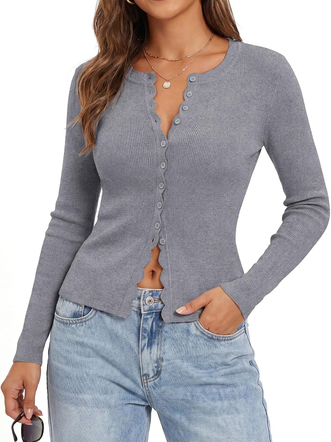 GRACE KARIN Womens Lightweight Cardigans Sweater Cropped Long Sleeve Cardigan 2026 Trendy Fashion Clothes Grey S