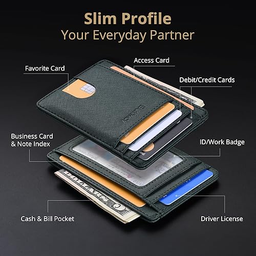 Miniatura 13 de Buffway - Billetera delgada minimalista de cuero con protección RFID para hombre y mujer