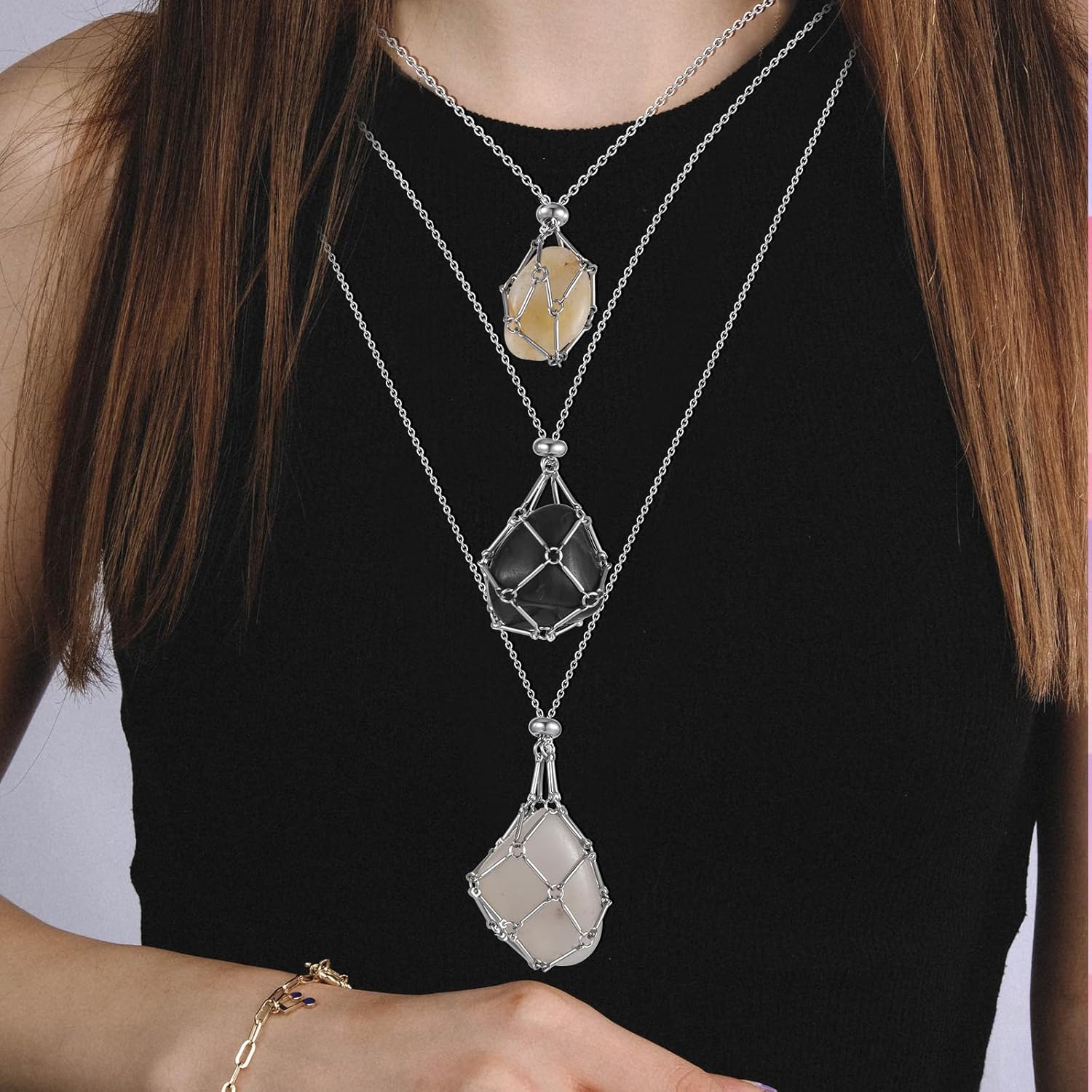 3 Pcs Necklace Cord Crystal Necklace Holder Adjustable Empty Stone Holder Stainless Steel Boho Handmade Cage Fish Netted for Women Men Yoga Meditation DIY Jewelry Making Home Decor - Image 5
