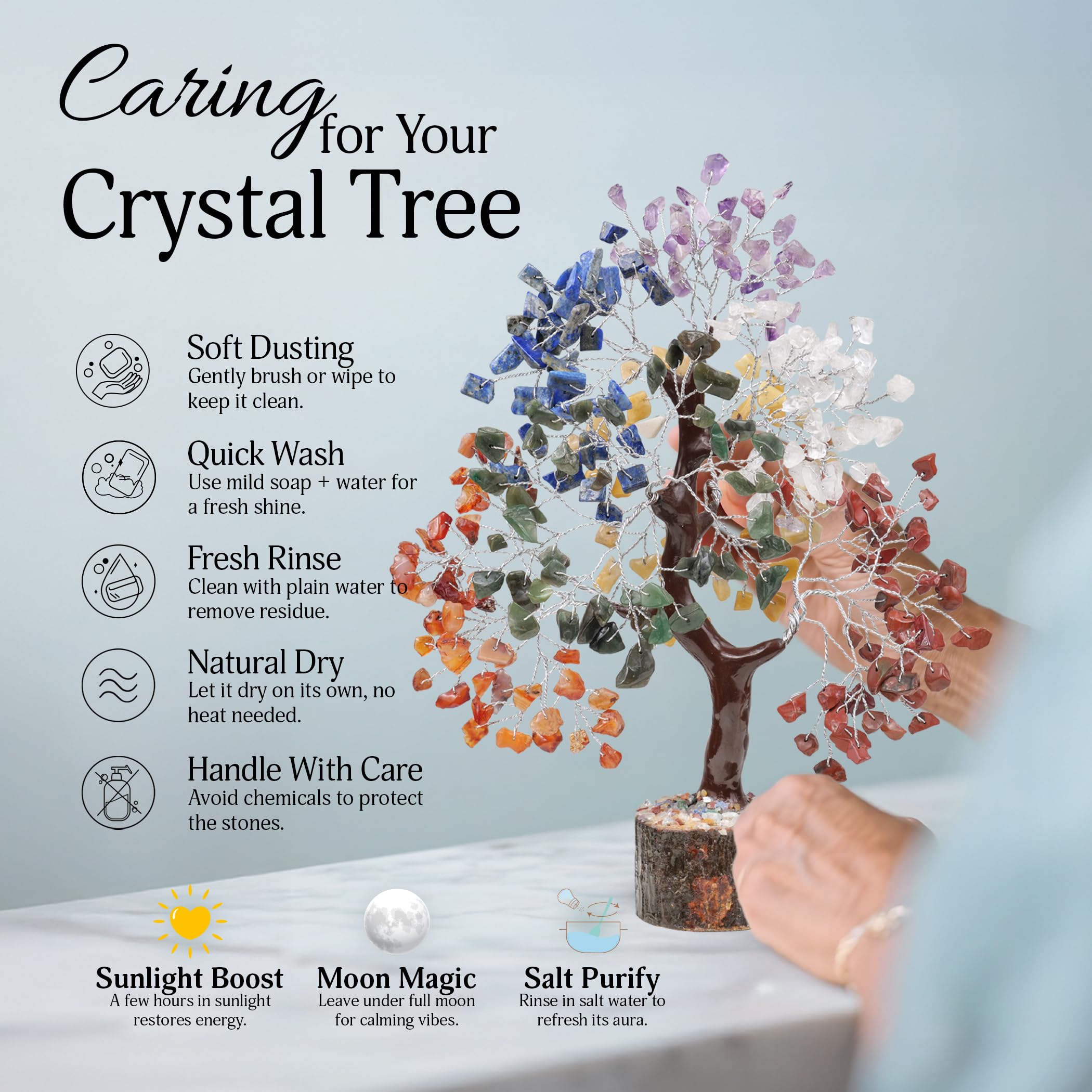 FASHIONZAADI Seven Chakra Gemstone Crystal Tree - Feng Shui Bonsai Money Natural Healing Crystals Chakras Reiki Stones Good Luck Home Decoration Gift Office Décor Size 10-12 inch (Silver Wire)
