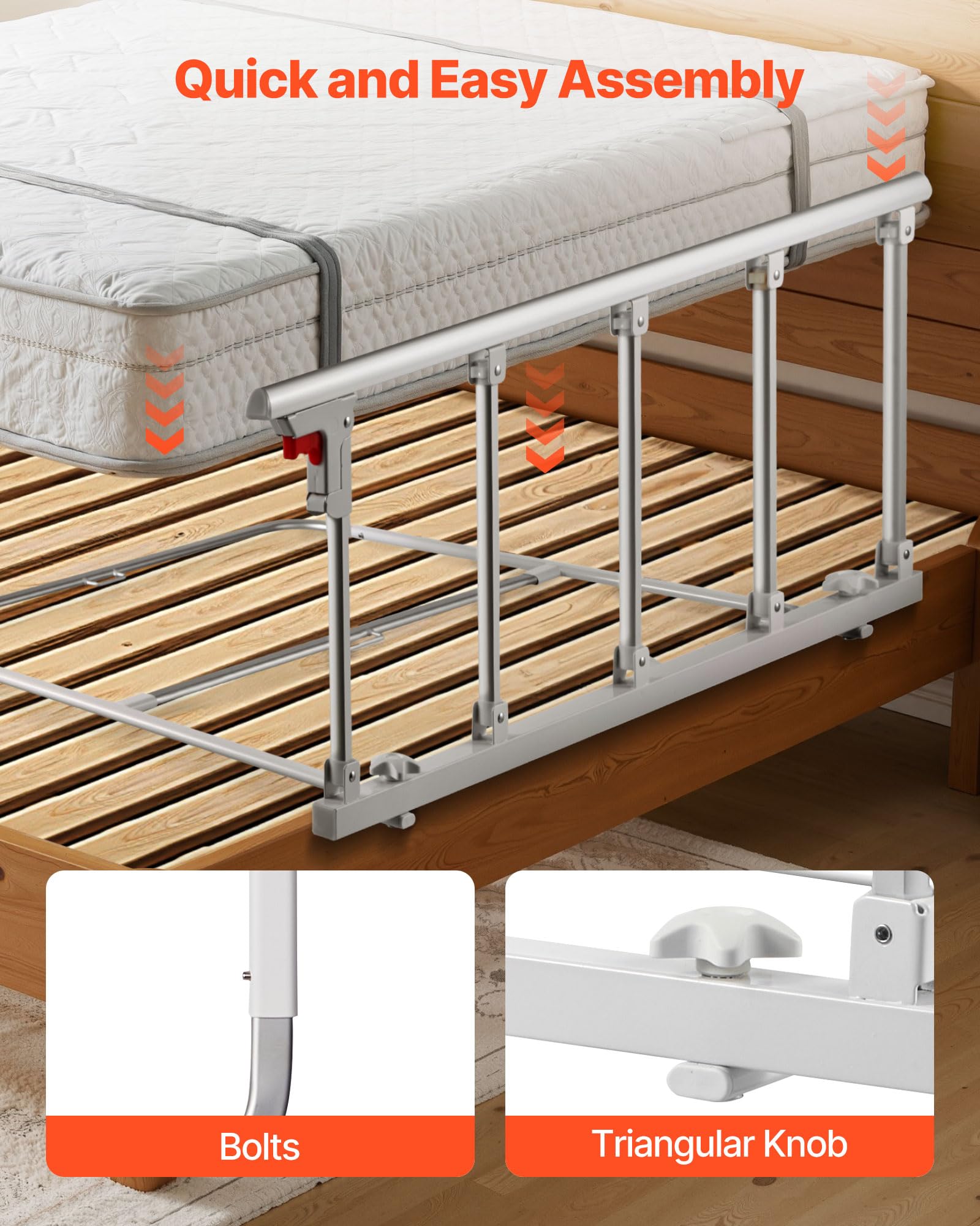 VEVOR Sponda Letto Pieghevole per Anziani, Sponda di Supporto da 122 cm in Metallo con Cinghia di Fissaggio, Bastone da Comodino con Tubo Regolabile in Altezza, per Letto King, Queen