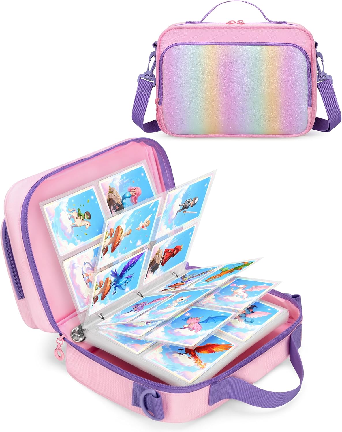 GRAOSO Zipper Card Binder 4 Pocket, 409 Cards Holder Album Compatible with Yoto Cards with 50 Removable Sleeves, Binder Book Case for Trading Cards or Others, with Handle and Shoulder Strap, Pink