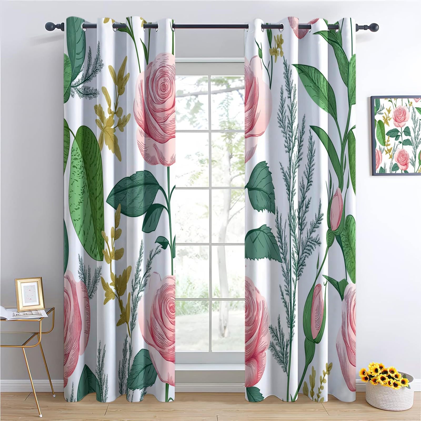 Zielone zasłony zaciemniające, 140 x 250 cm, vintage botaniczne róże, izolacja termiczna, dźwiękoszczelne i redukujące hałas, do salonu, sypialni i pokoju dziecięcego, zasłony zaciemniające z oczkami