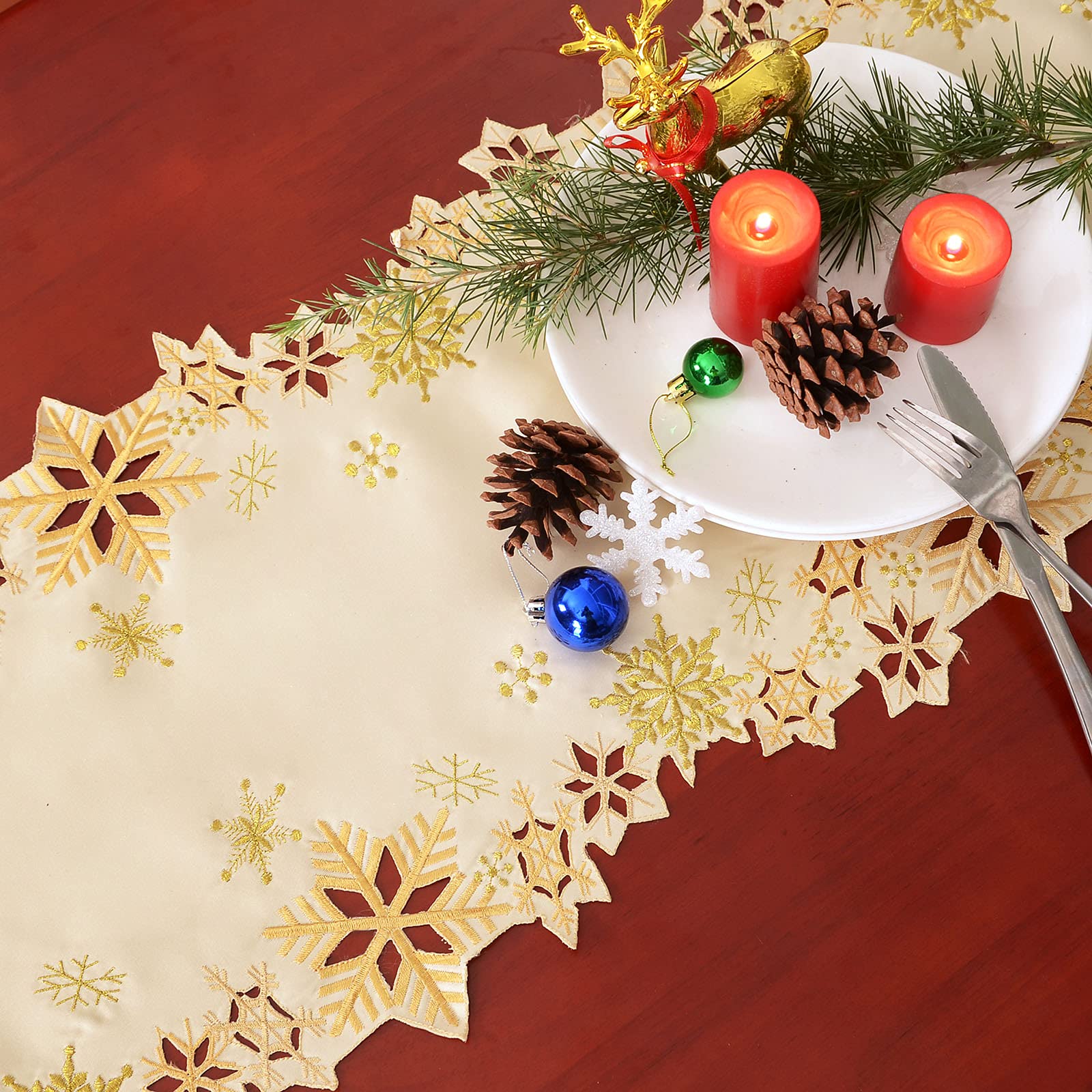 Simhomsen Embroidered Snowflake Table Runner for Christmas Holiday and Winter (Gold, 35.6 x 274.4 cm), Gold, 14×108 inches - Image 3