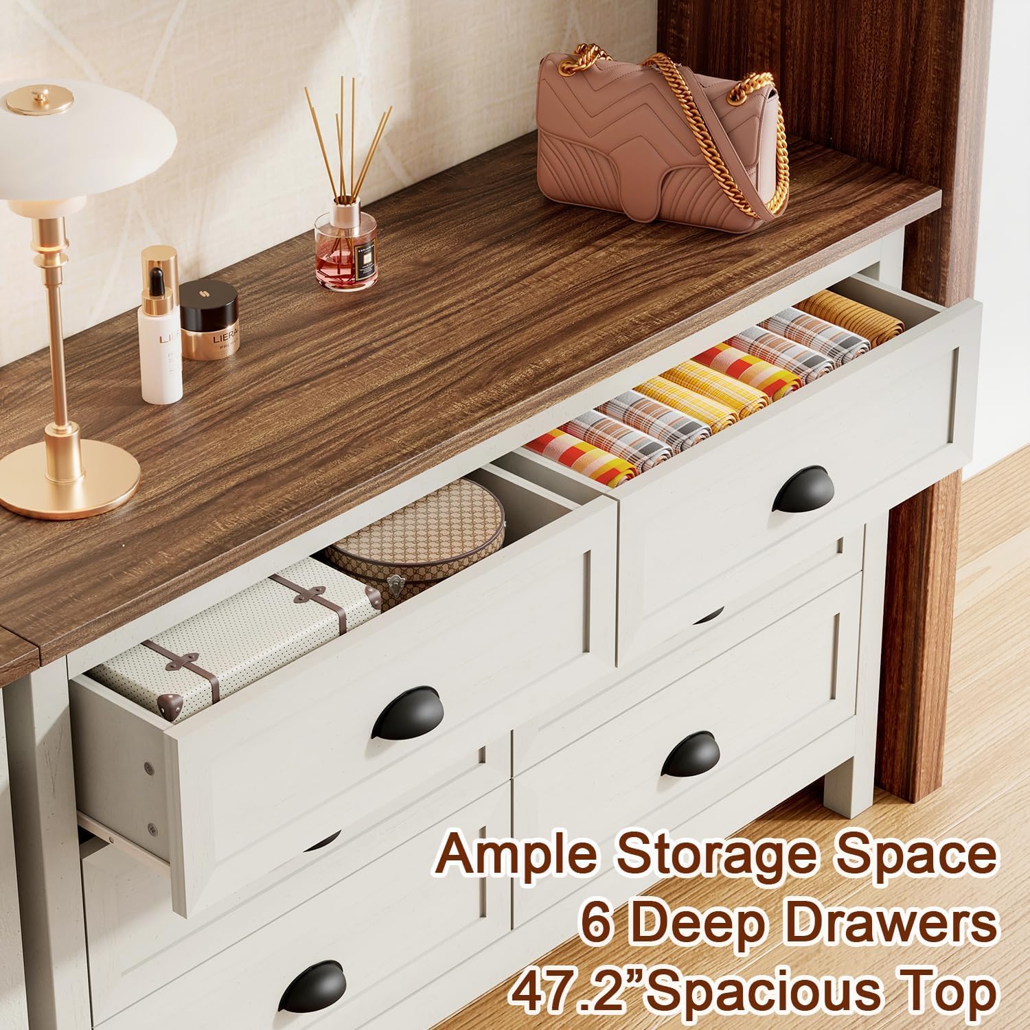 Wananlanen® Farmhouse Dresser for Bedroom, Antique Double Dresser & Chest of Drawer with Vintage Handle and Storage, Wooden Tall Rustic Organizer for Bedroom (Antique White, 6 Drawer)