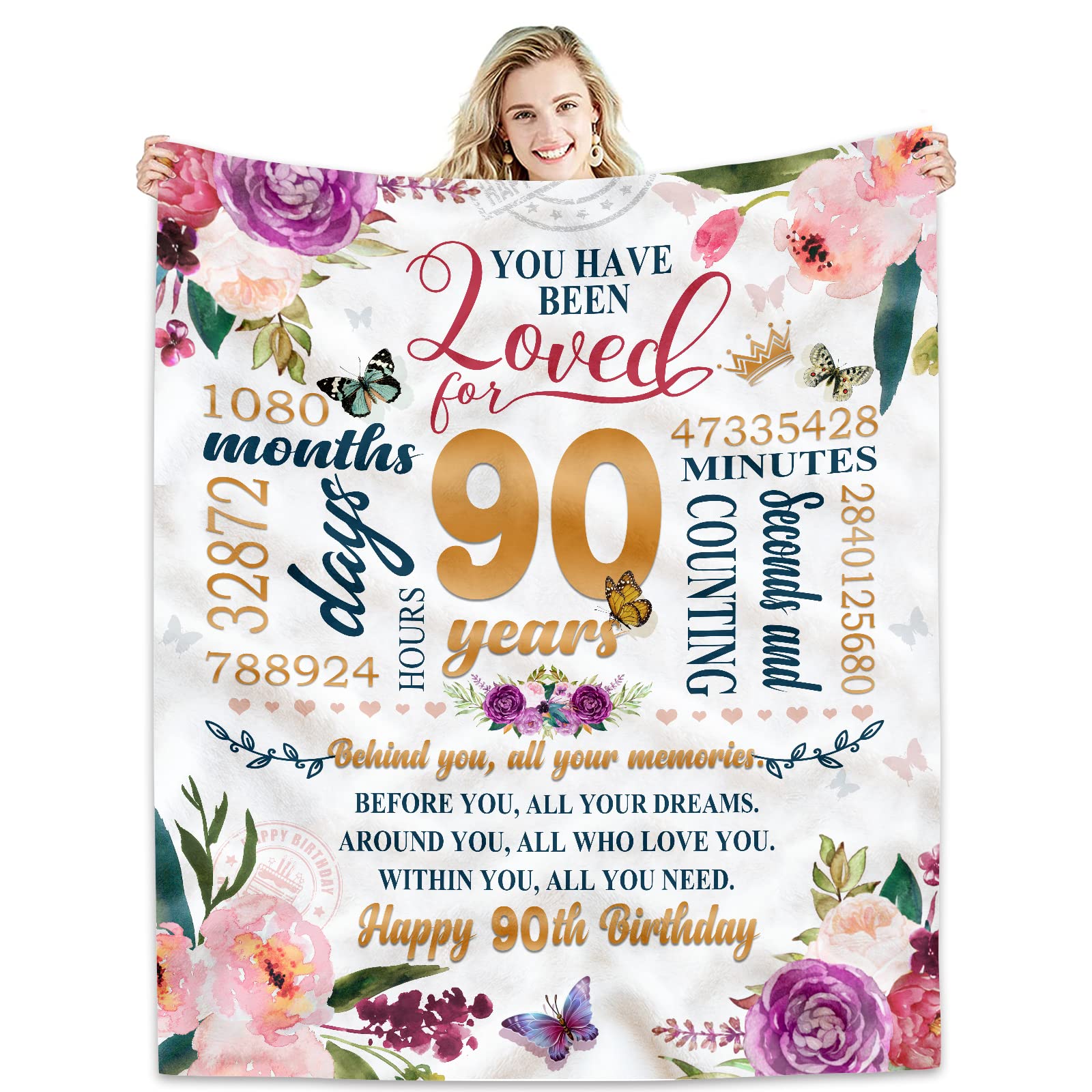 Hcoviv90th Birthday Gifts Women Blanket 50*60, Happy 90th Birthday Gift Ideas, 90th Birthday Decorations, Gifts for Women Turning 90, Gifts for 90-Year-Old, Best Birthday Present 1933 Throw Blanket