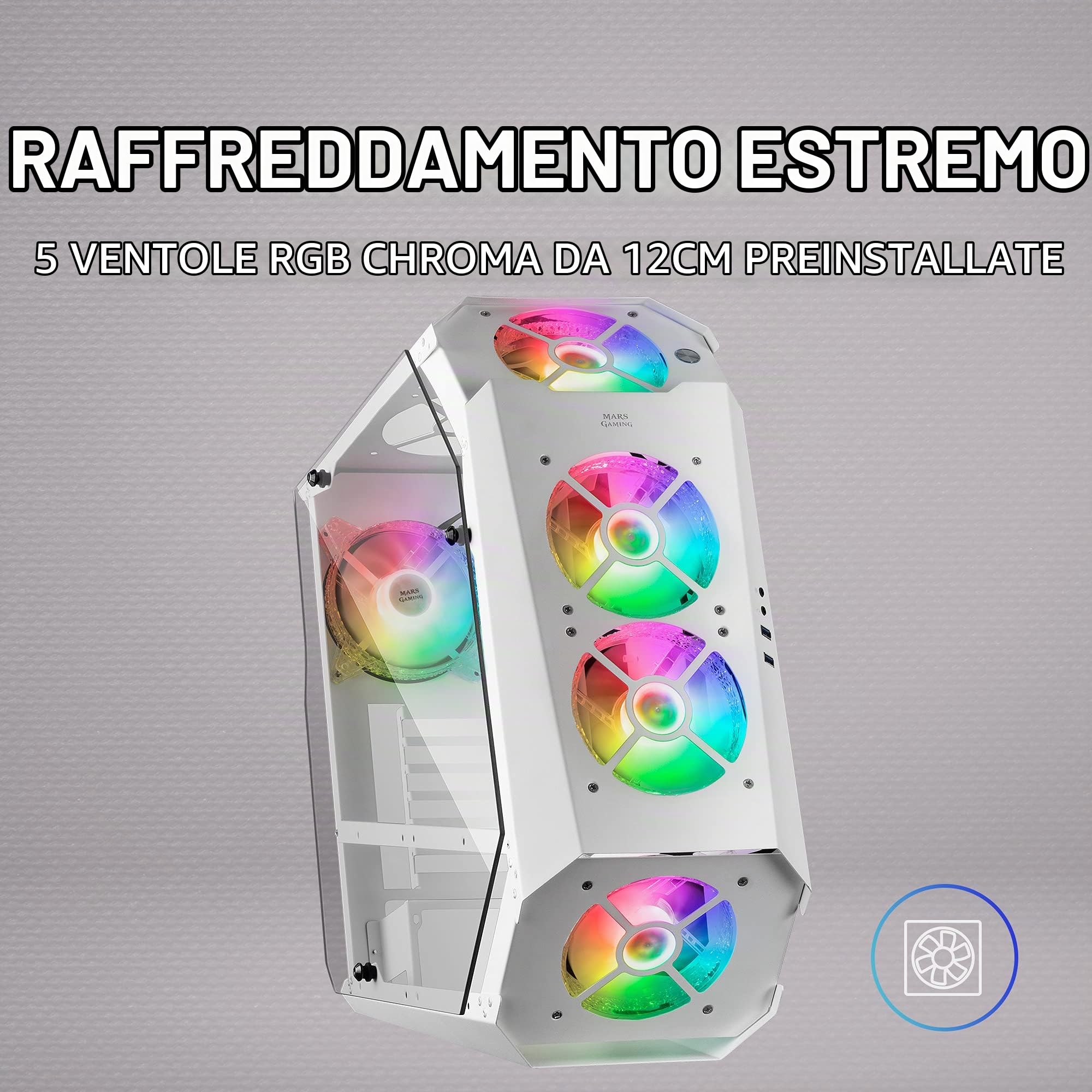 Mars Gaming MC51W, Custodia da Gioco PC ATX, Doppio Vetro Temperato, 5x Ventola RGB 12cm, Bianco